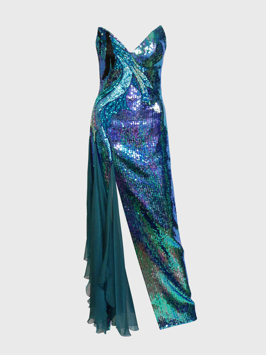 LORIS AZZARO Vintage Fully Sequined Evening Maxi Dress Gown w/ Cape