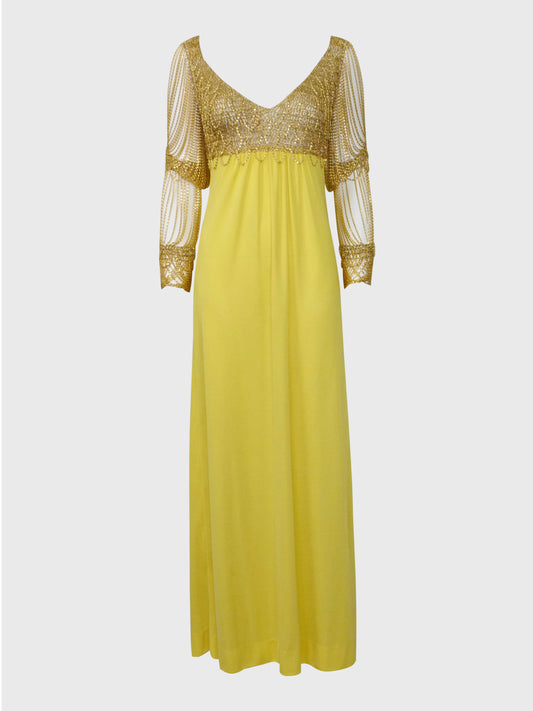 LORIS AZZARO 1970s Vintage Crochet Chainmail Maxi Evening Gown