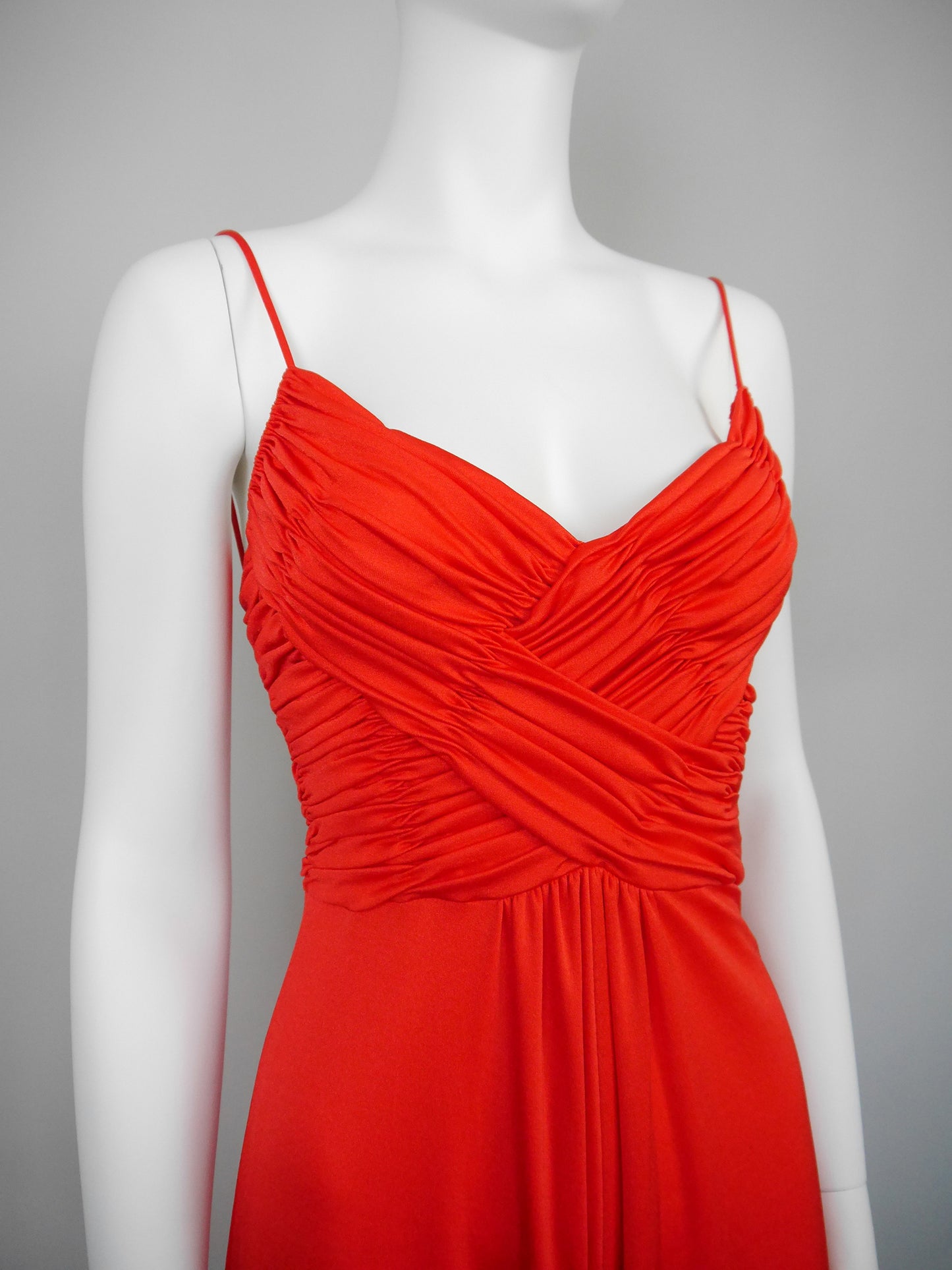 LORIS AZZARO 1970s Vintage Draped Red Jersey Maxi Evening Dress Gown Size XS