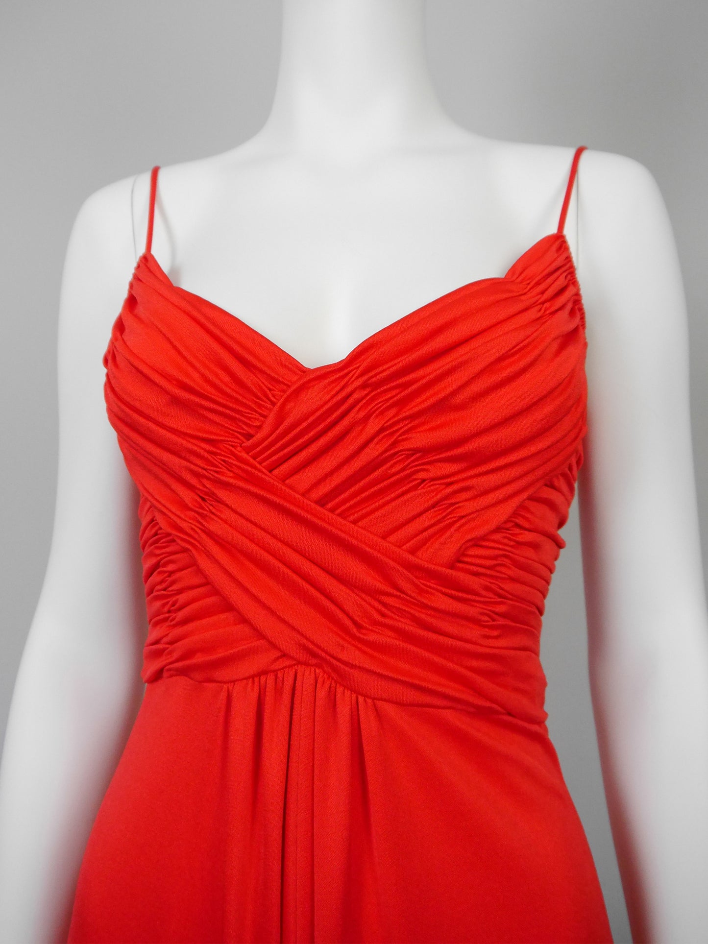 LORIS AZZARO 1970s Vintage Draped Red Jersey Maxi Evening Dress Gown Size XS