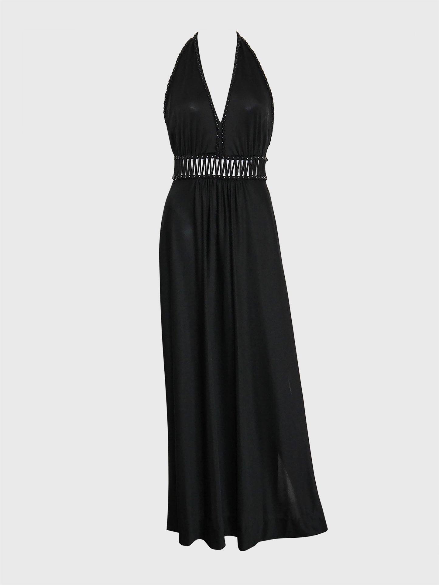 LORIS AZZARO 1970s Vintage Beaded Backless Black Jersey Maxi Evening Dress