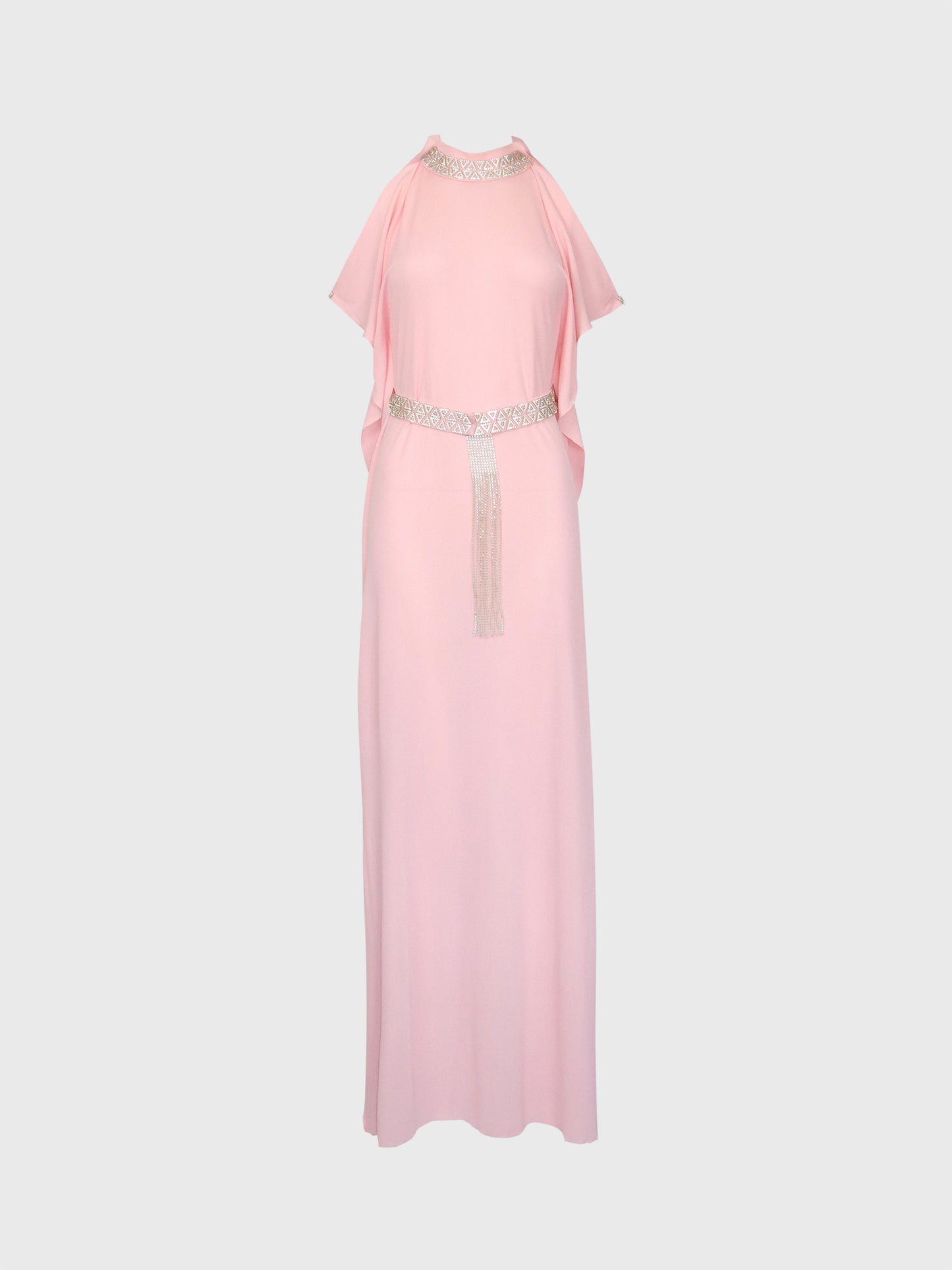 LORIS AZZARO 1970s Vintage Pink Silk Goddess Evening Gown w/ Rhinestone Details Size S