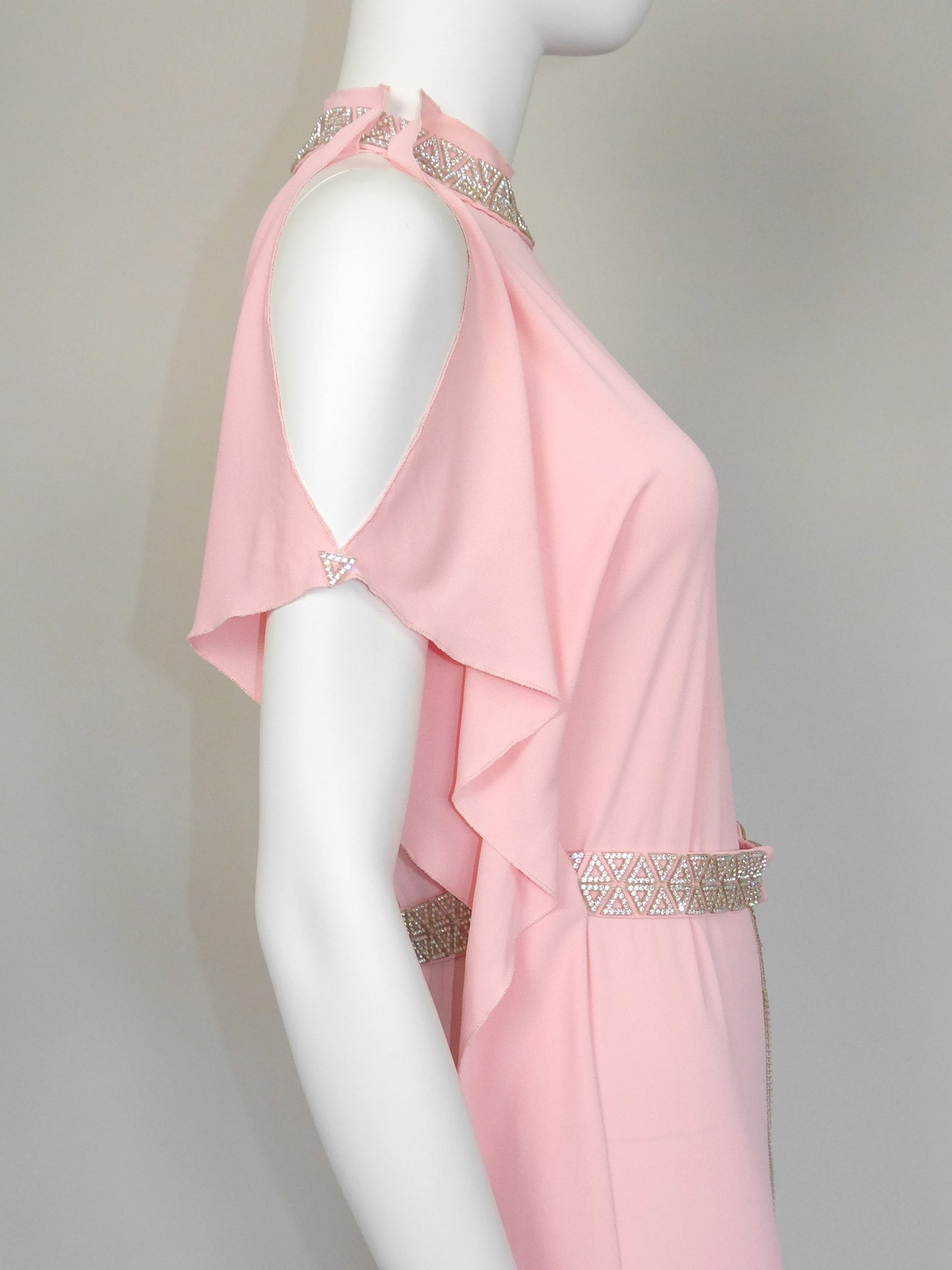 LORIS AZZARO 1970s Vintage Pink Silk Goddess Evening Gown w/ Rhinestone Details Size S