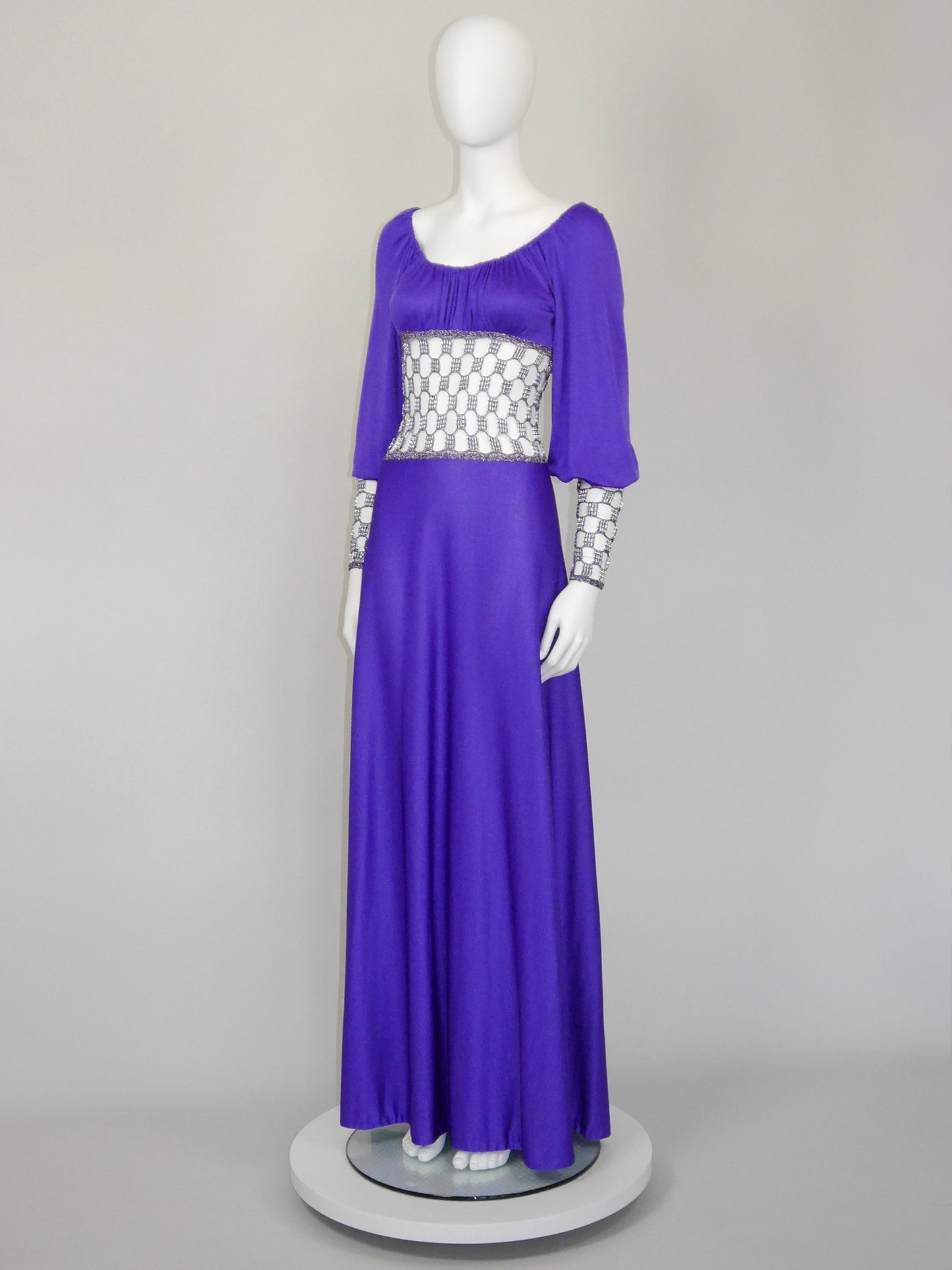 LORIS AZZARO 1970s Vintage Purple Crochet Chainmail Maxi Evening Gown Size S