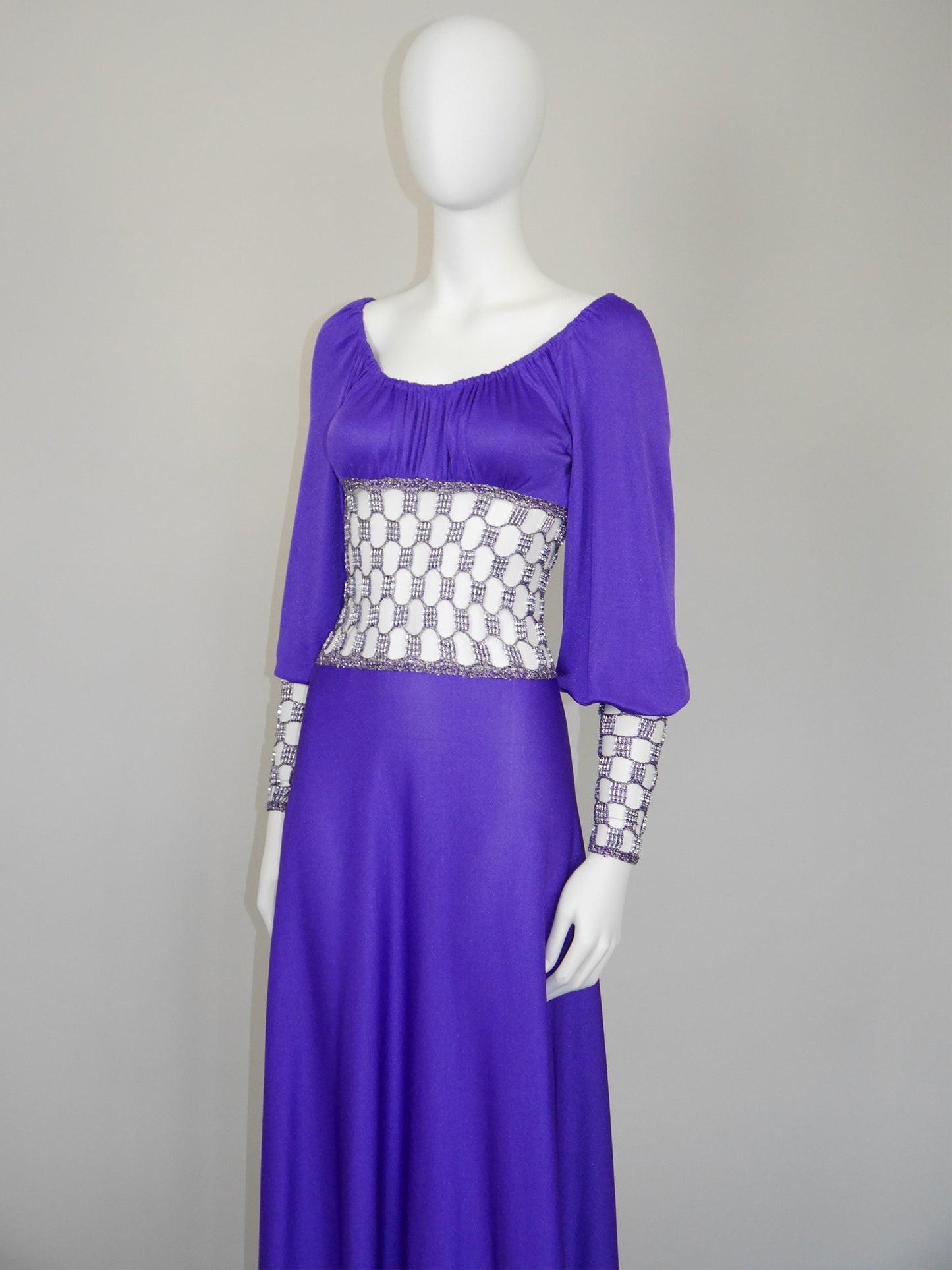 LORIS AZZARO 1970s Vintage Purple Crochet Chainmail Maxi Evening Gown Size S