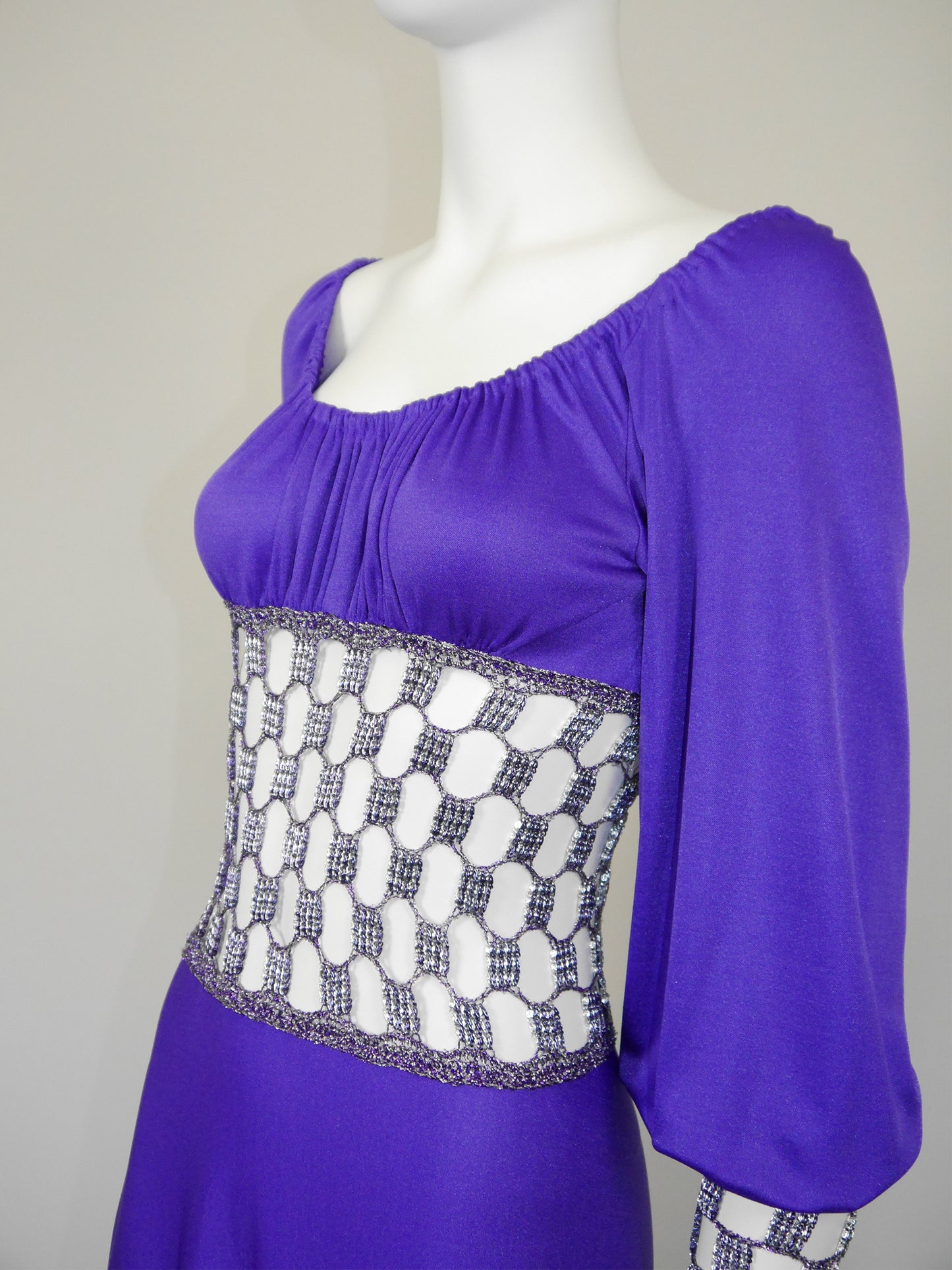 LORIS AZZARO 1970s Vintage Purple Crochet Chainmail Maxi Evening Gown Size S