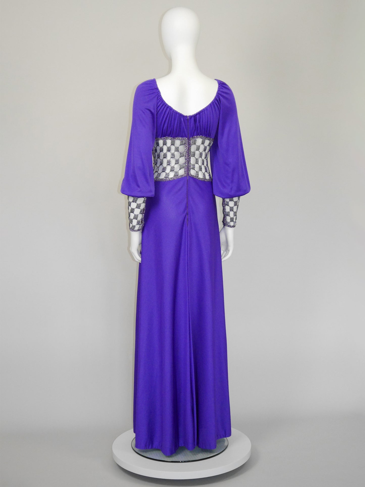 LORIS AZZARO 1970s Vintage Purple Crochet Chainmail Maxi Evening Gown Size S
