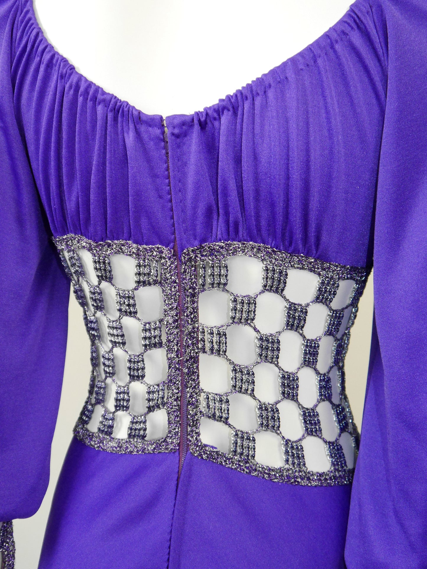 LORIS AZZARO 1970s Vintage Purple Crochet Chainmail Maxi Evening Gown Size S