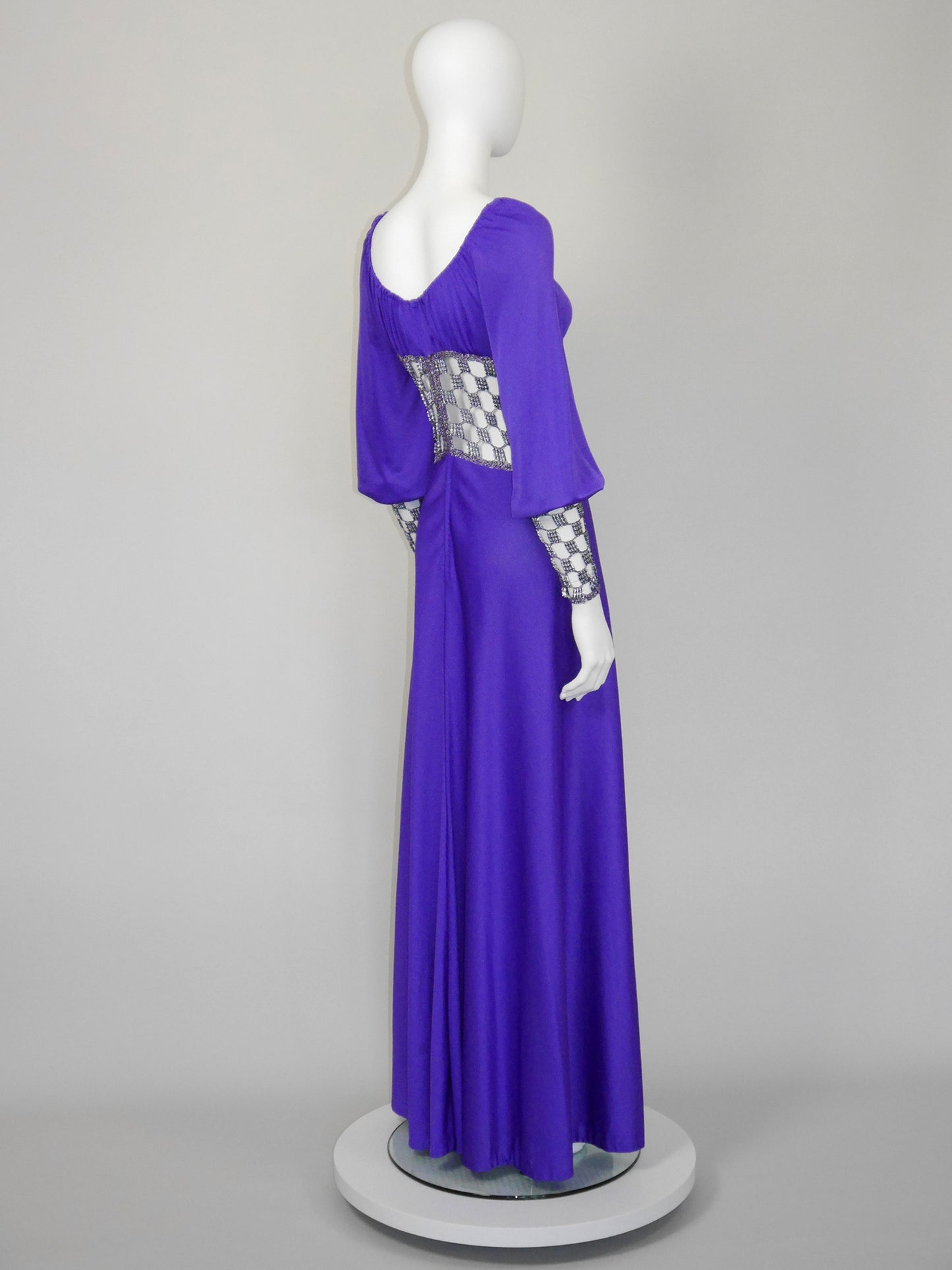 LORIS AZZARO 1970s Vintage Purple Crochet Chainmail Maxi Evening Gown Size S