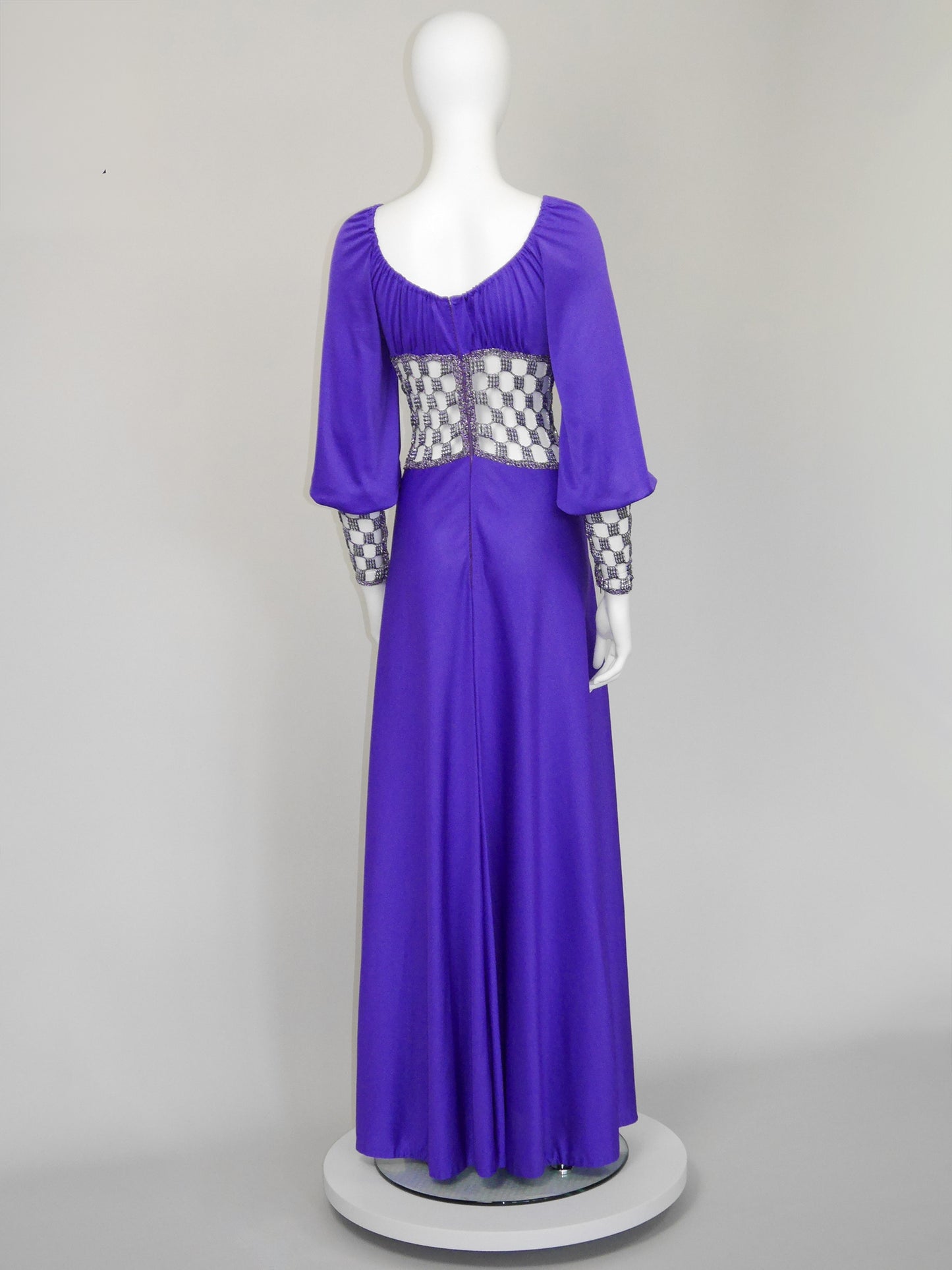 LORIS AZZARO 1970s Vintage Purple Crochet Chainmail Maxi Evening Gown Size S