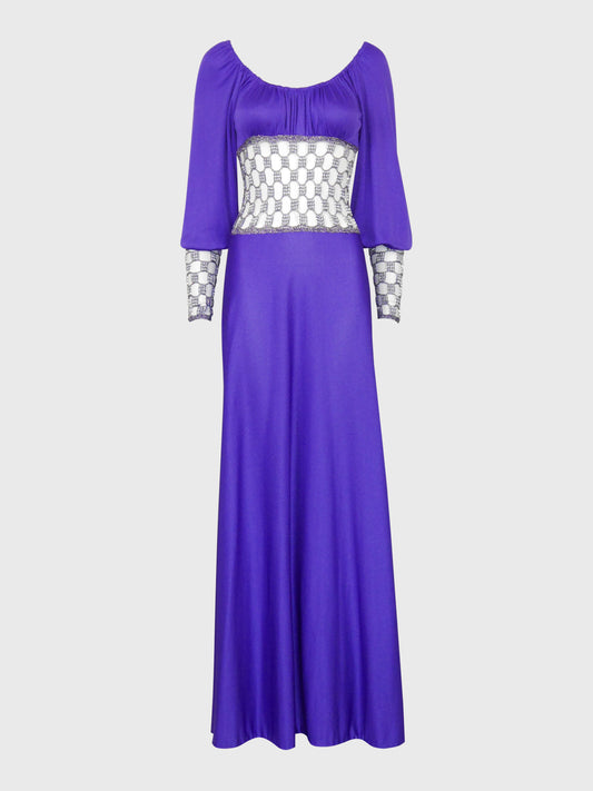 LORIS AZZARO 1970s Vintage Purple Crochet Chainmail Maxi Evening Gown Size S