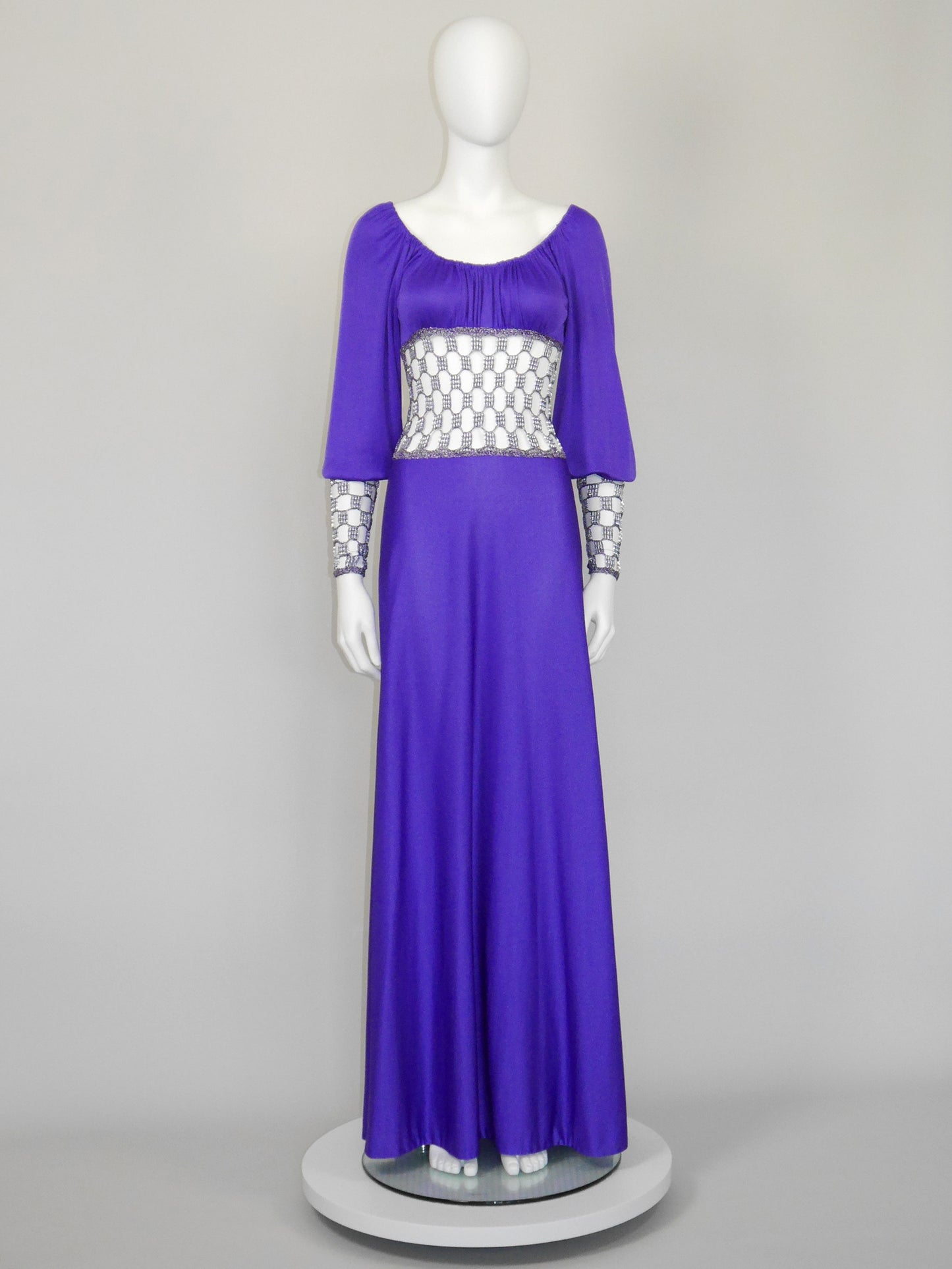 LORIS AZZARO 1970s Vintage Purple Crochet Chainmail Maxi Evening Gown Size S