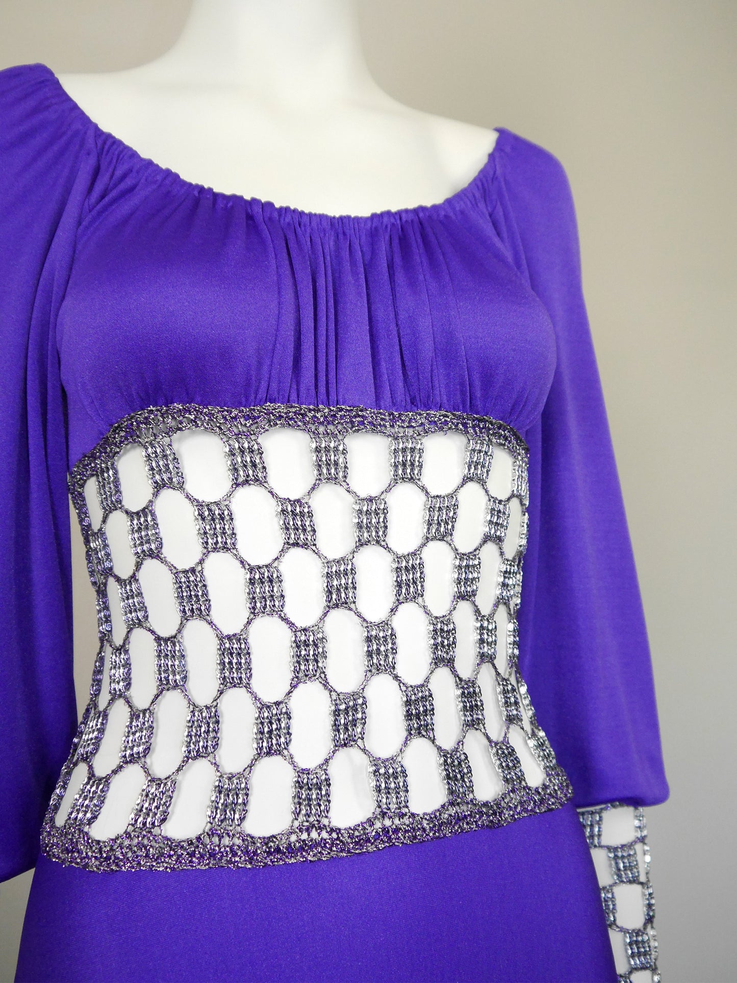 LORIS AZZARO 1970s Vintage Purple Crochet Chainmail Maxi Evening Gown Size S