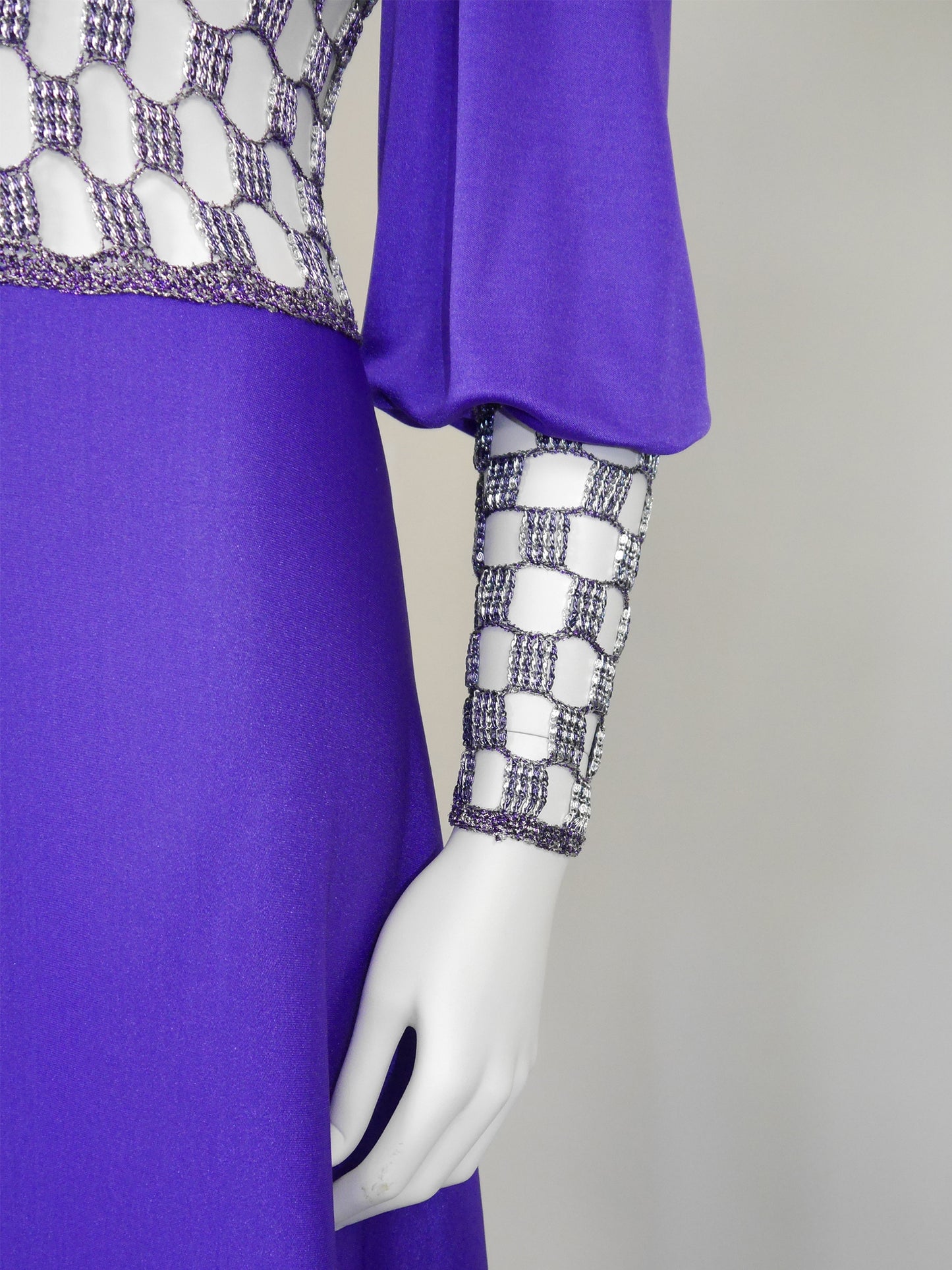 LORIS AZZARO 1970s Vintage Purple Crochet Chainmail Maxi Evening Gown Size S