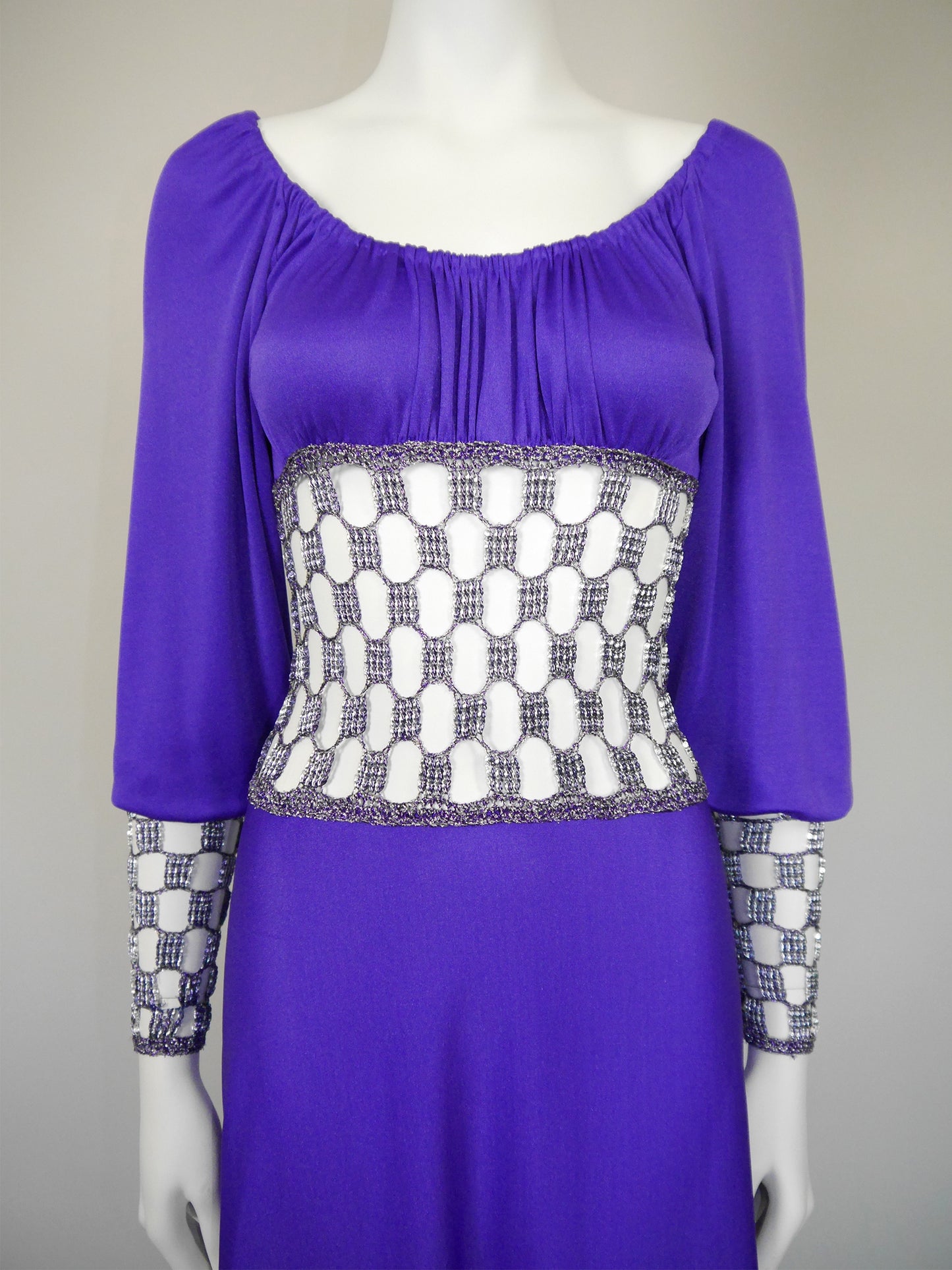 LORIS AZZARO 1970s Vintage Purple Crochet Chainmail Maxi Evening Gown Size S