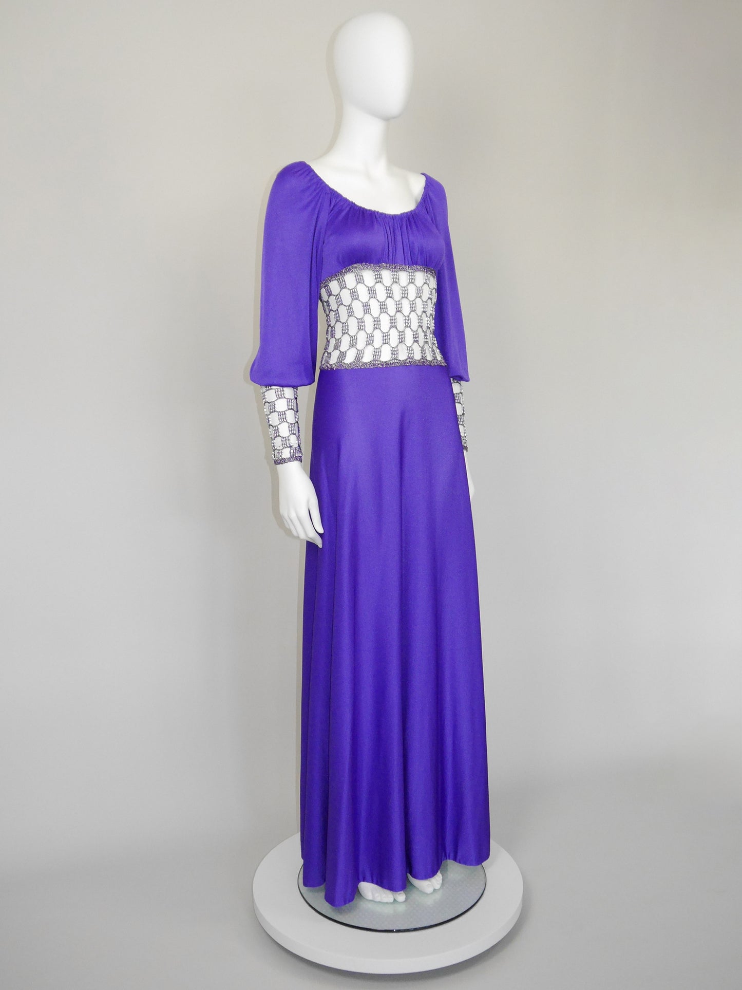 LORIS AZZARO 1970s Vintage Purple Crochet Chainmail Maxi Evening Gown Size S