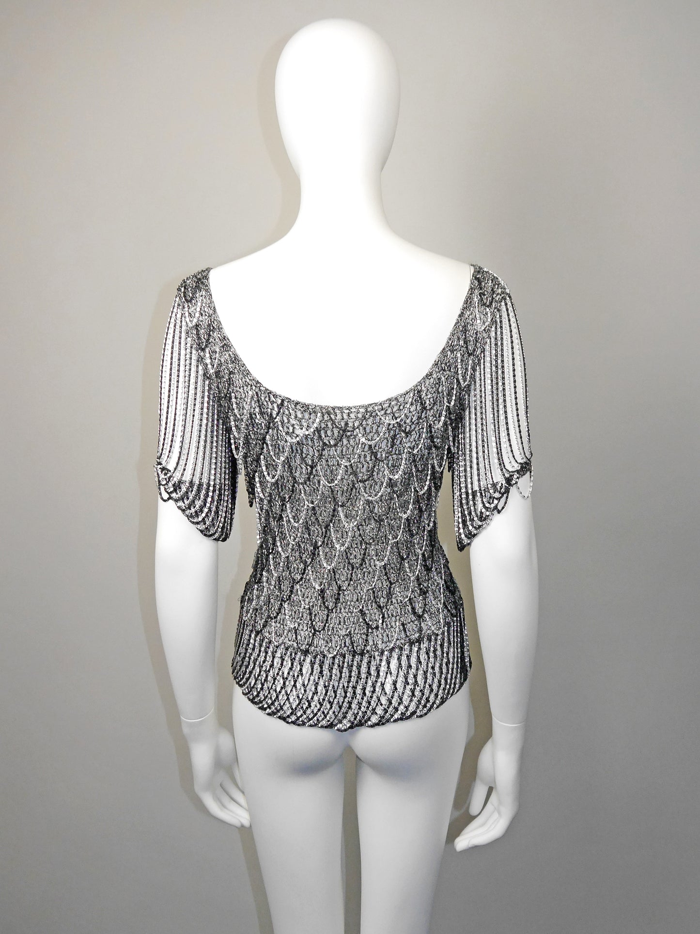 LORIS AZZARO 1970s Vintage Silver & Black Chainmail Crochet Evening Top Size S