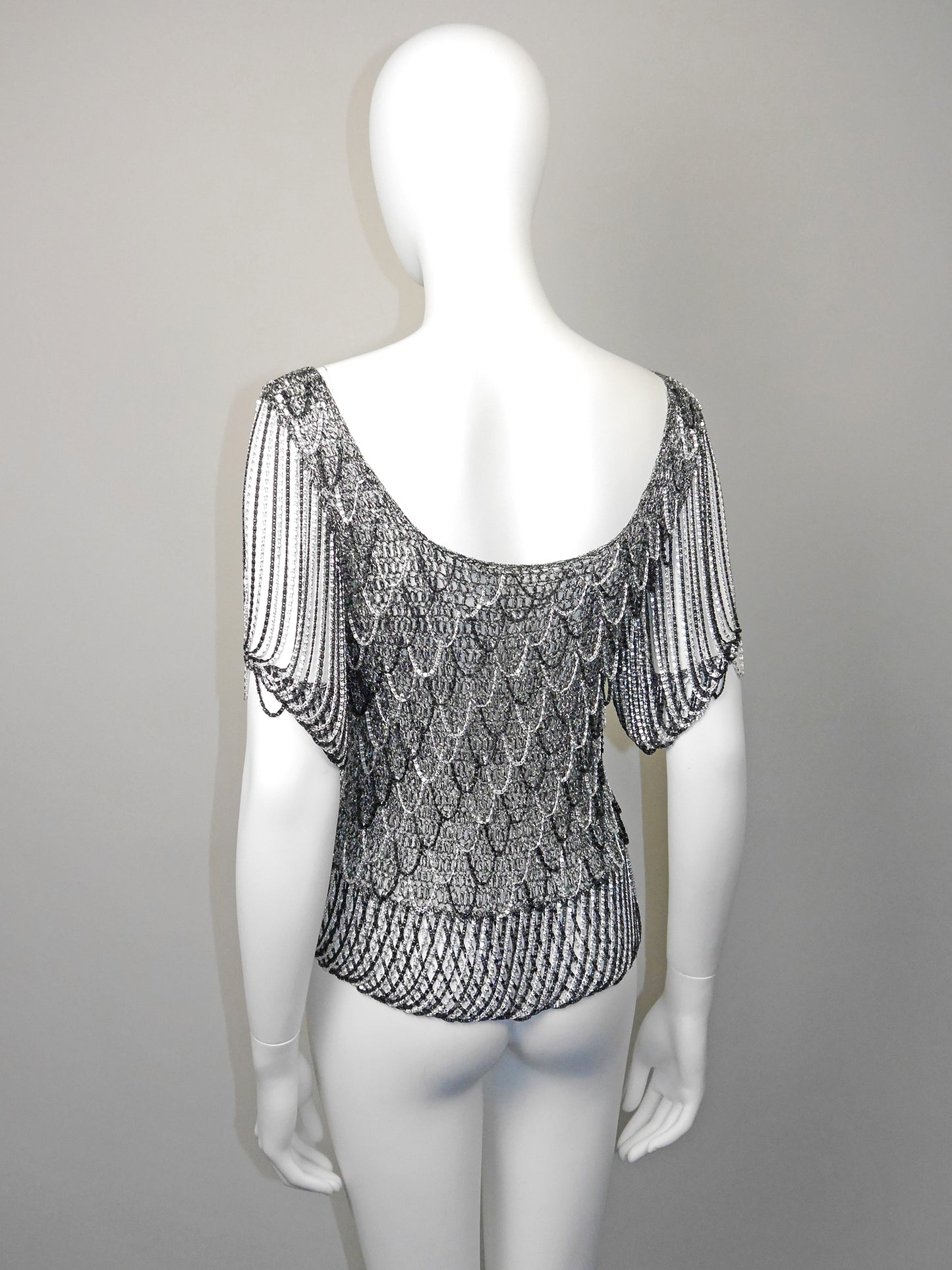 LORIS AZZARO 1970s Vintage Silver & Black Chainmail Crochet Evening Top Size S