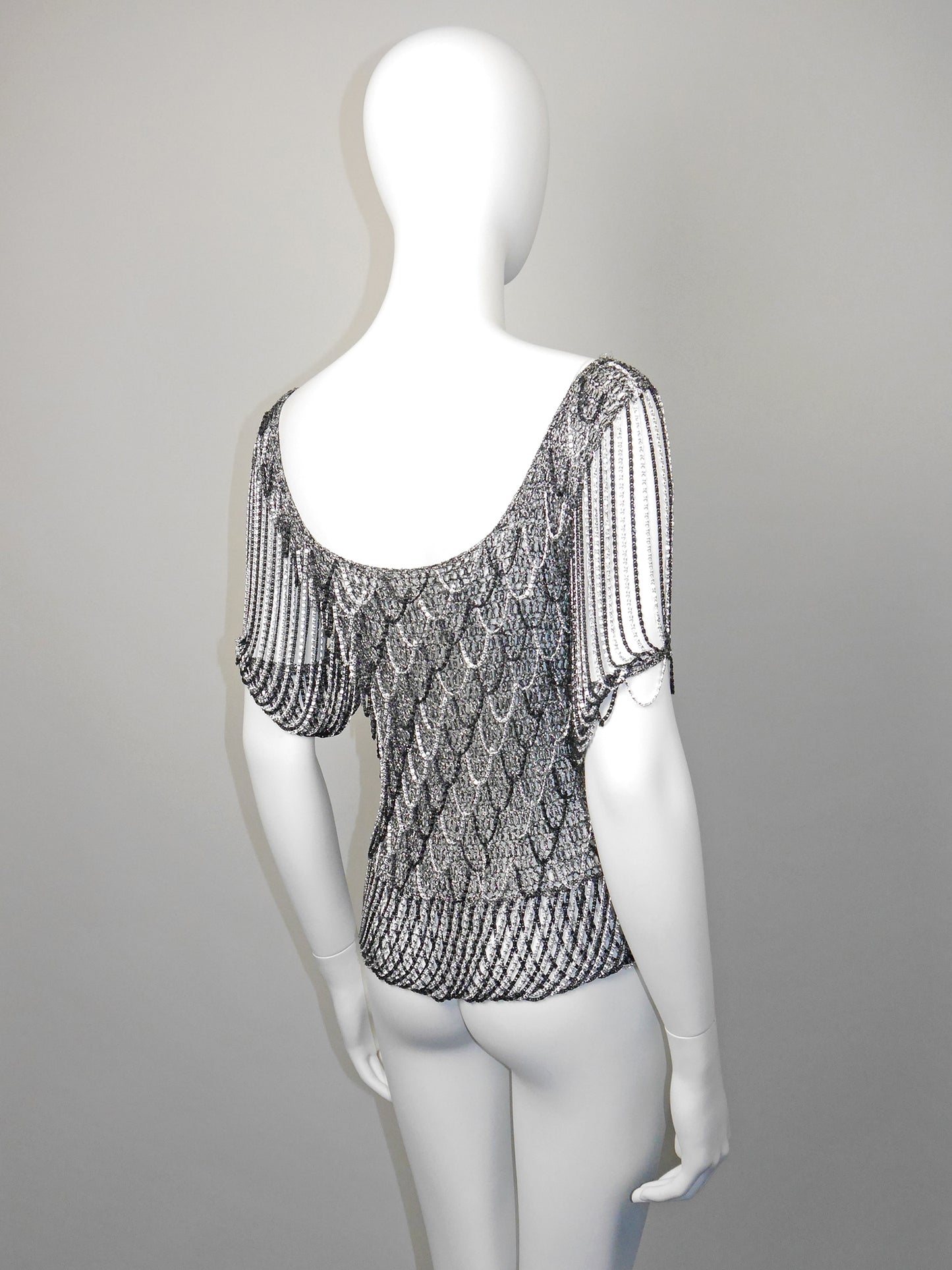 LORIS AZZARO 1970s Vintage Silver & Black Chainmail Crochet Evening Top Size S