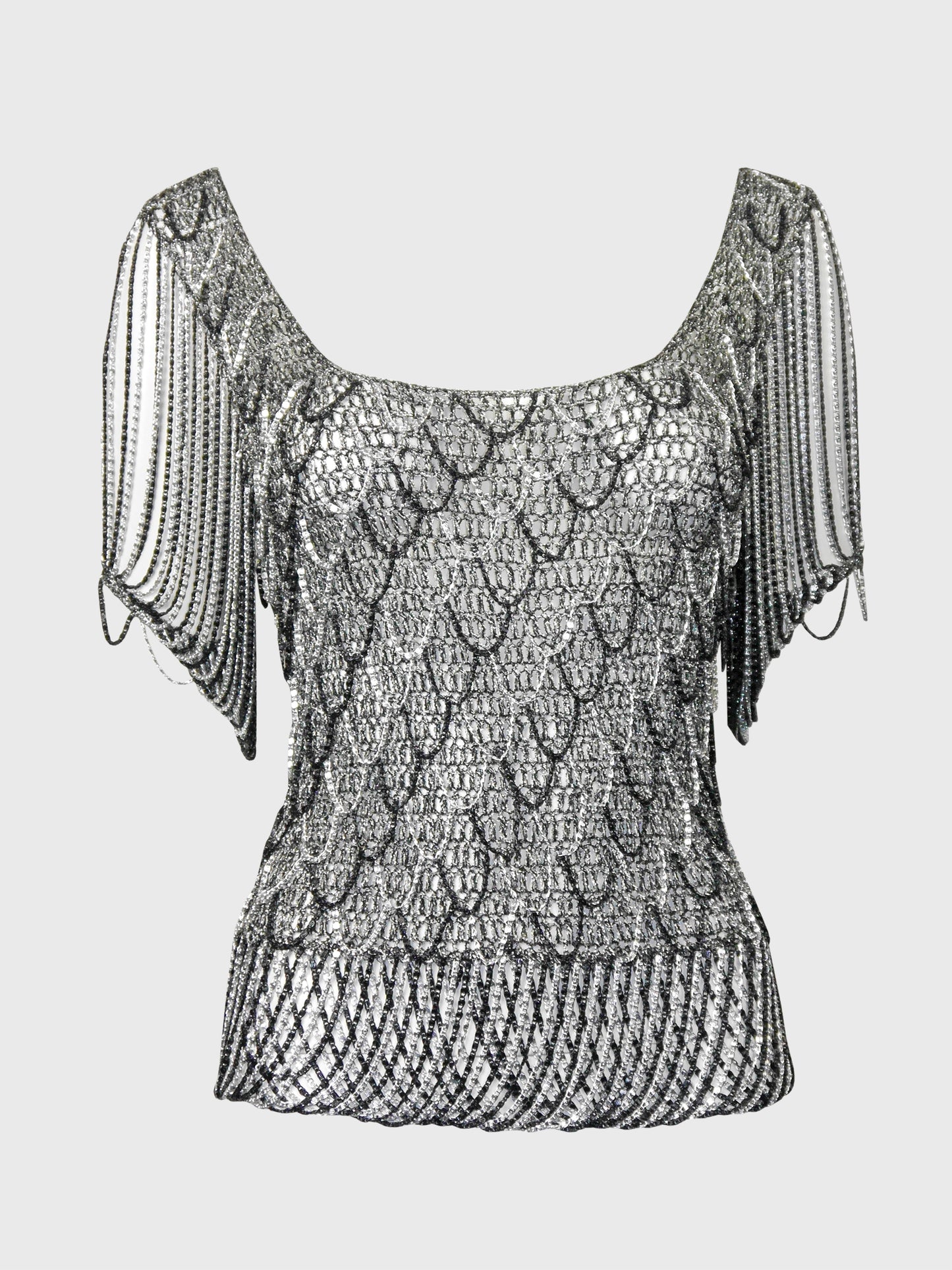 LORIS AZZARO 1970s Vintage Silver & Black Chainmail Crochet Evening Top Size S