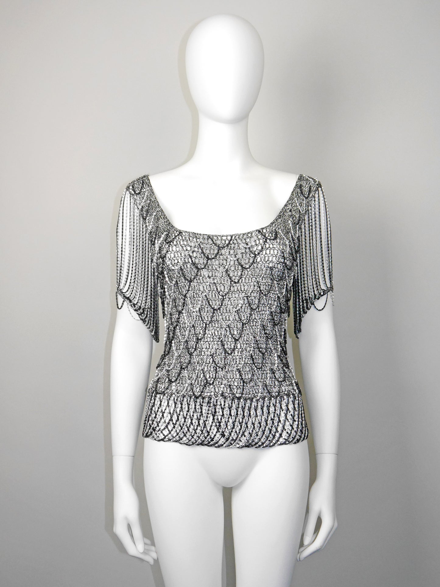LORIS AZZARO 1970s Vintage Silver & Black Chainmail Crochet Evening Top Size S