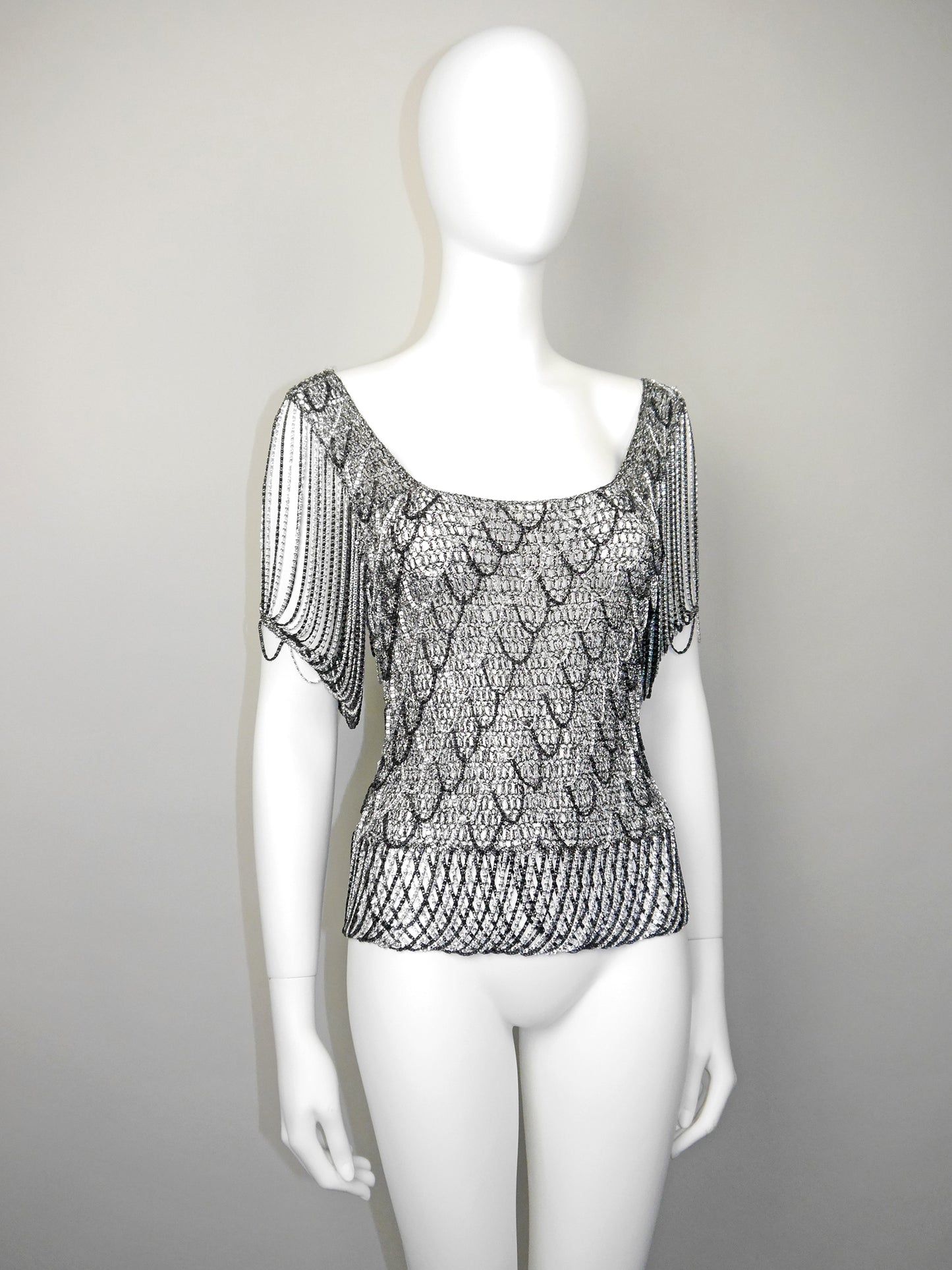 LORIS AZZARO 1970s Vintage Silver & Black Chainmail Crochet Evening Top Size S