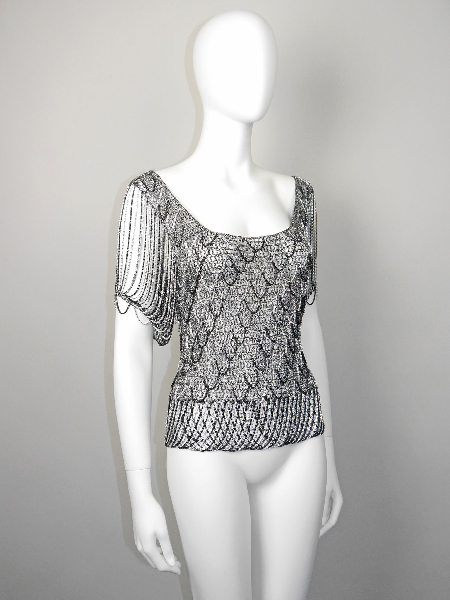 LORIS AZZARO 1970s Vintage Silver & Black Chainmail Crochet Evening Top Size S