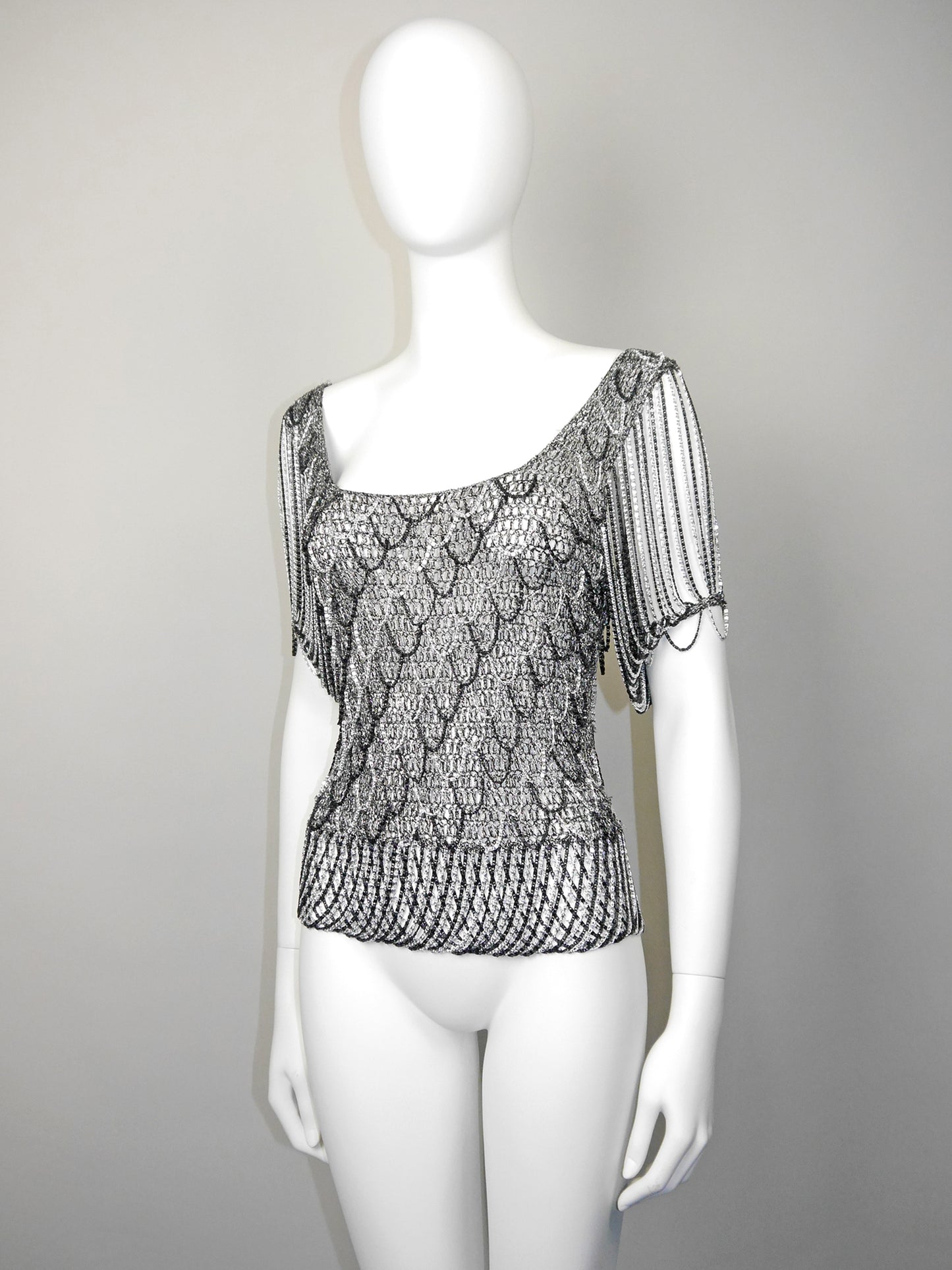 LORIS AZZARO 1970s Vintage Silver & Black Chainmail Crochet Evening Top Size S