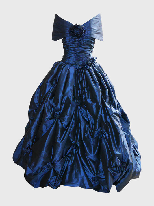 LORIS AZZARO c. 1990s Blue Silk Taffeta Ball Gown w/ Train & Stole