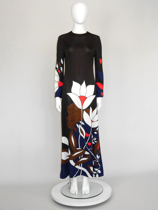LOUIS FÉRAUD 1960s 1970s Vintage Psychedelic Feline & Floral Graphic Signature Print Maxi Dress Size L