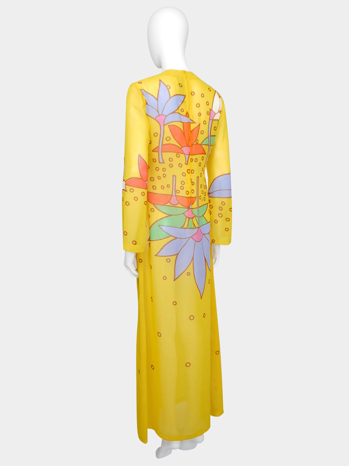 LOUIS FÉRAUD 1960s 1970s Vintage Yellow Graphic Print Maxi Dress Gown Size S