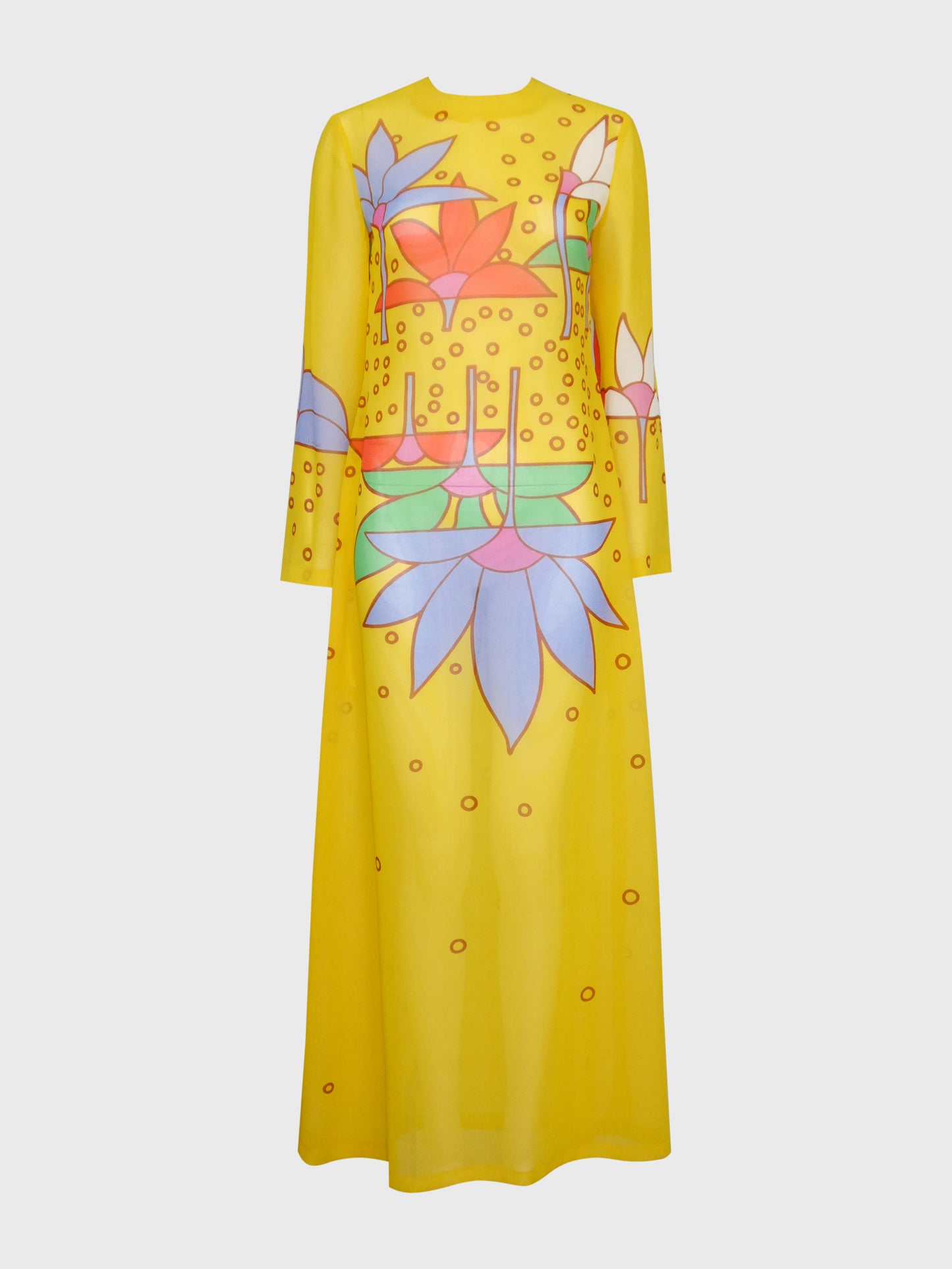 LOUIS FÉRAUD 1960s 1970s Vintage Yellow Graphic Print Maxi Dress Gown Size S