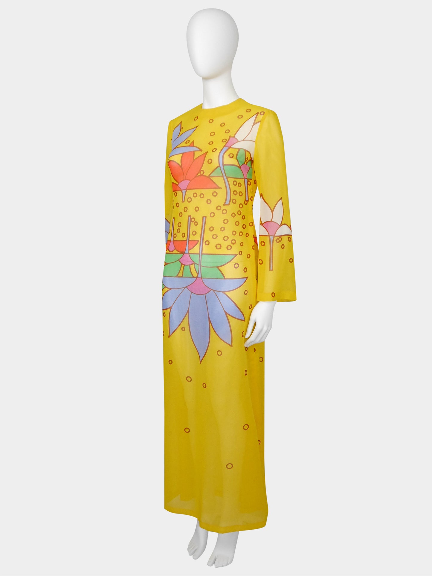 LOUIS FÉRAUD 1960s 1970s Vintage Yellow Graphic Print Maxi Dress Gown Size S