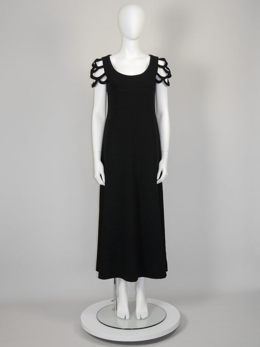 LOUIS FÉRAUD 1960s 1970s Vintage Minimalist Black Maxi Dress w/ Openwork Sleeves Size M