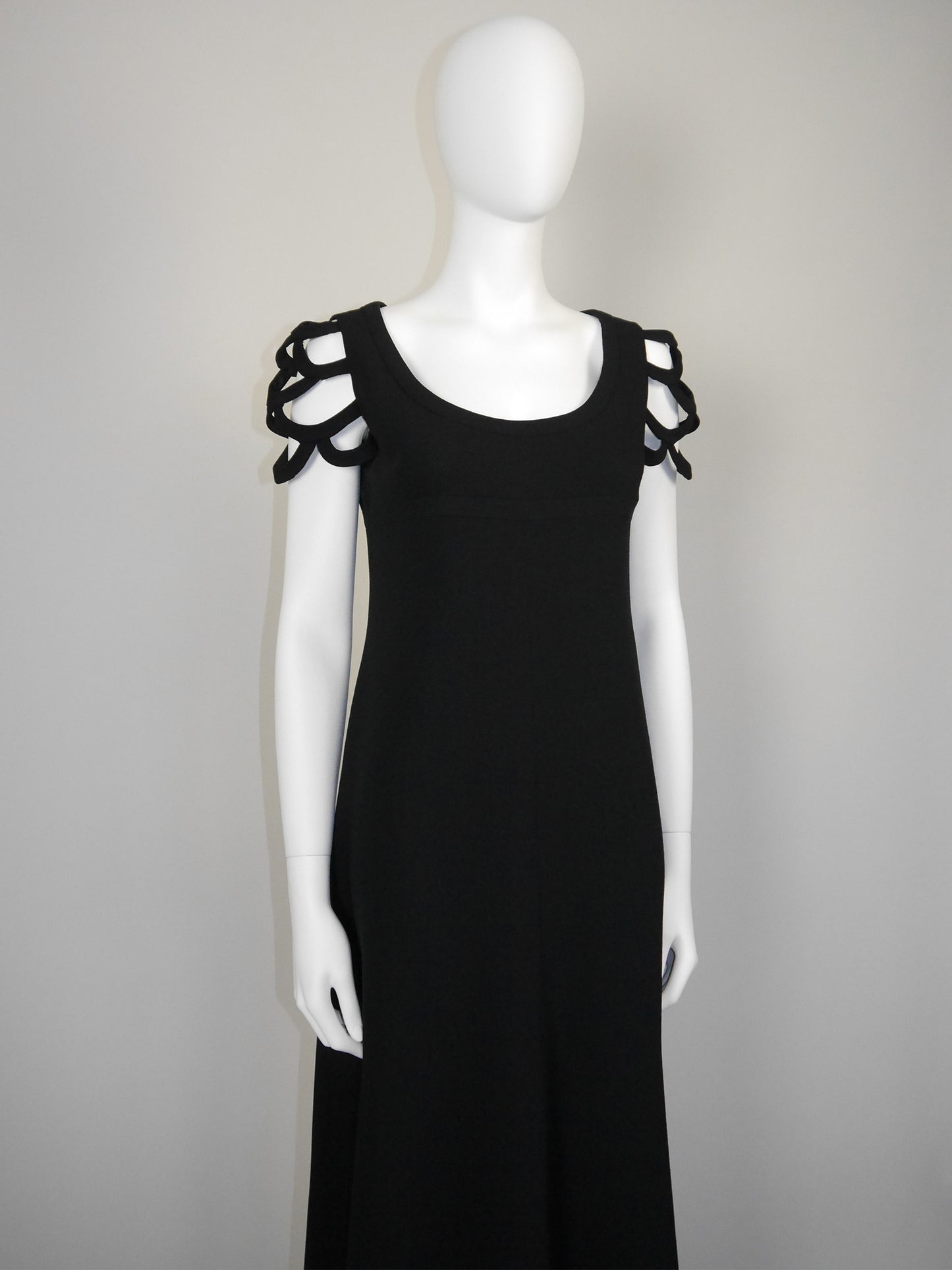 LOUIS FÉRAUD 1960s 1970s Vintage Minimalist Black Maxi Dress w/ Openwork Sleeves Size M