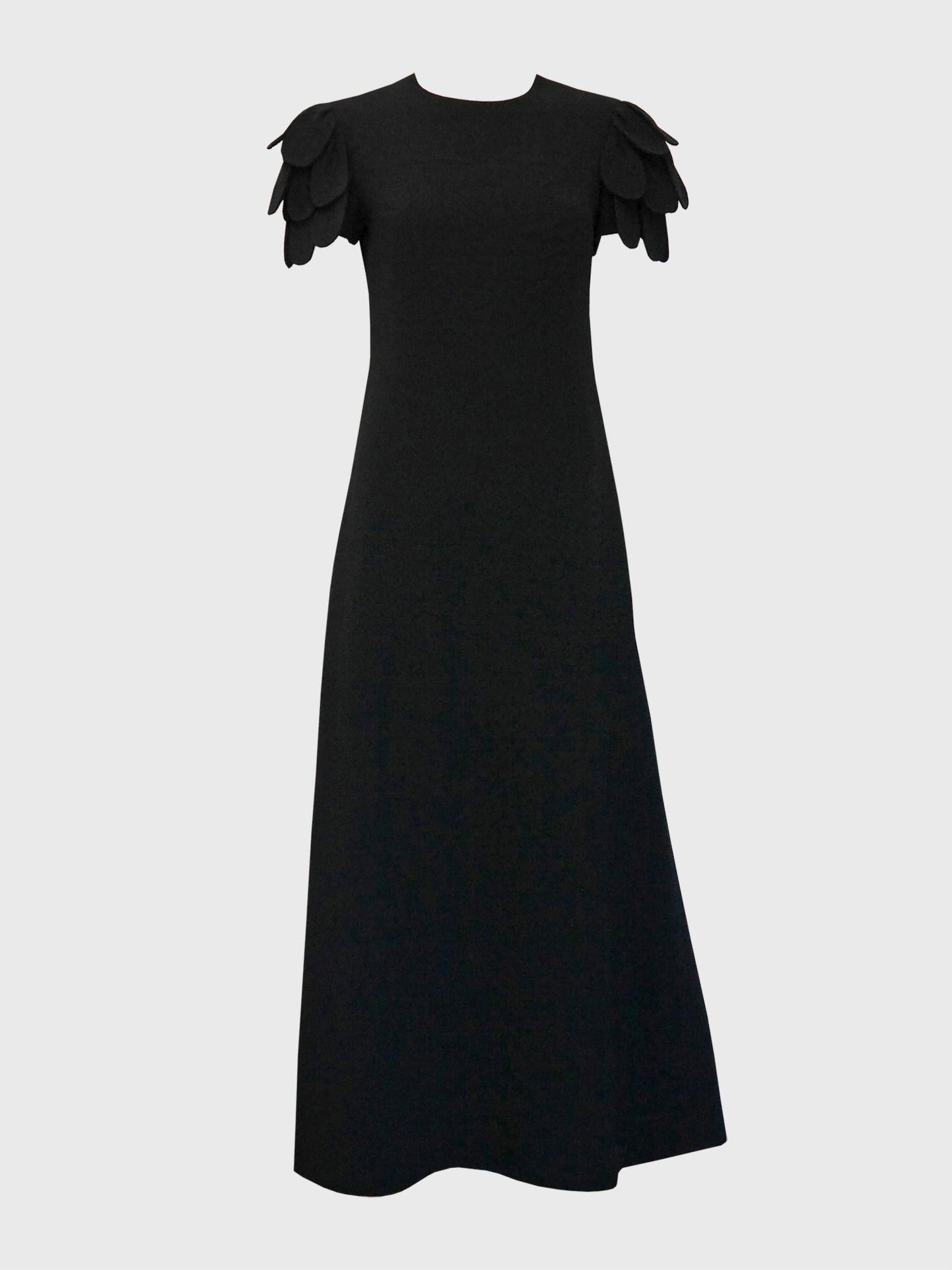 LOUIS FÉRAUD 1960s 1970s Vintage Black Evening Dress w/ Fish Scale or Petal Sleeves