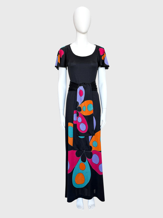 LOUIS FÉRAUD 1960s Vintage Graphic Print Maxi Dress w/ Belt Size S