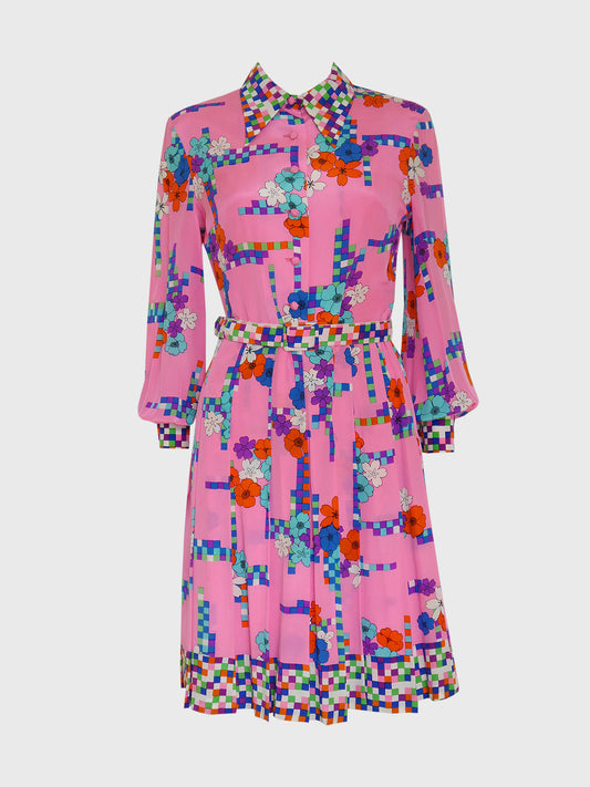 LOUIS FÉRAUD 1960s Vintage Belted Silk Dress Pink Graphic Print