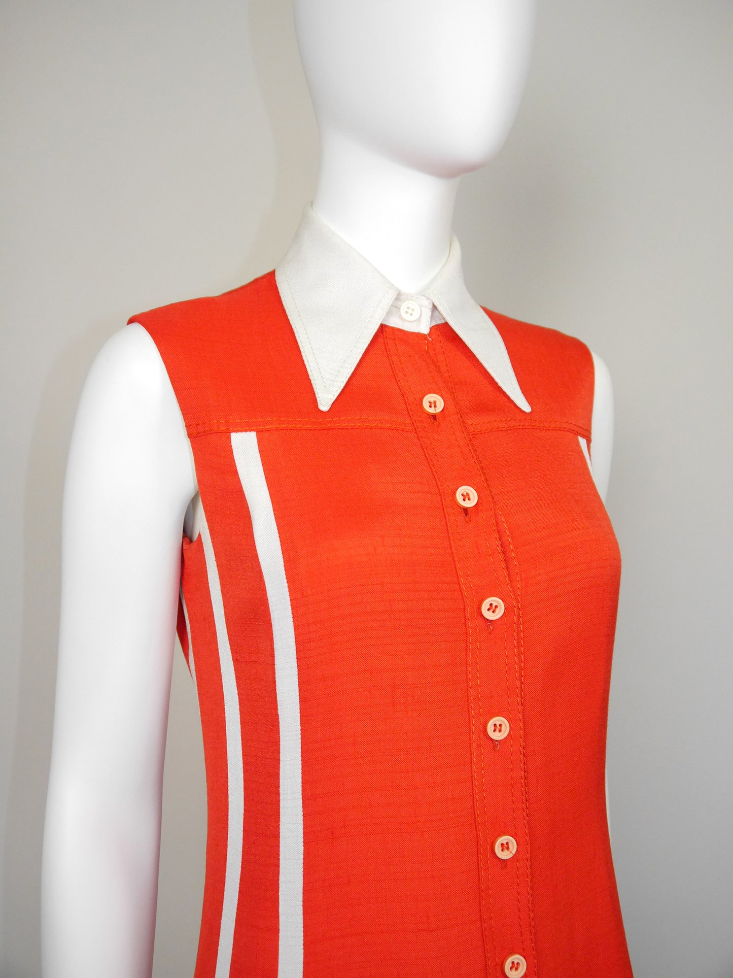 LOUIS FÉRAUD 1970s Vintage Orange Sleeveless Day Dress w/ Box Pleats Size S
