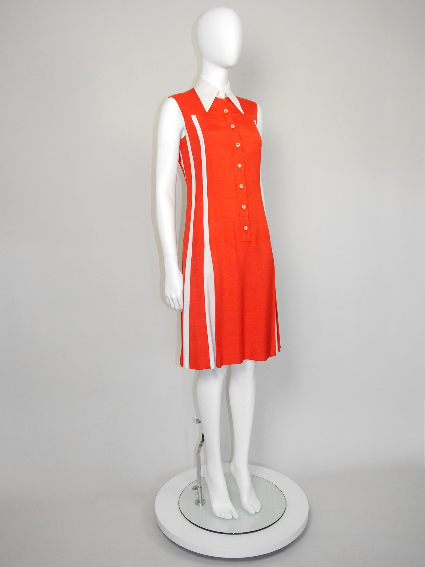 LOUIS FÉRAUD 1970s Vintage Orange Sleeveless Day Dress w/ Box Pleats Size S