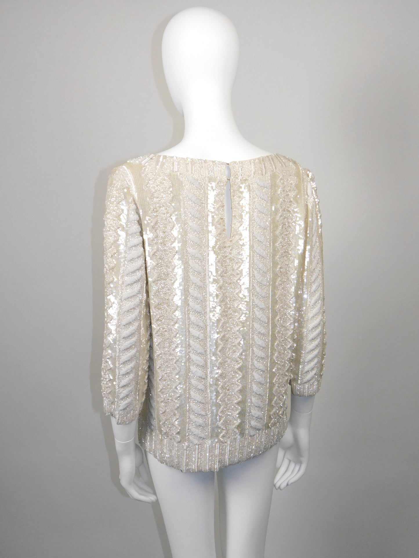 LOUIS FÉRAUD 1980s Vintage Fully Beaded Cable Knit Trompe l'Oeil Evening Top Size XS-M