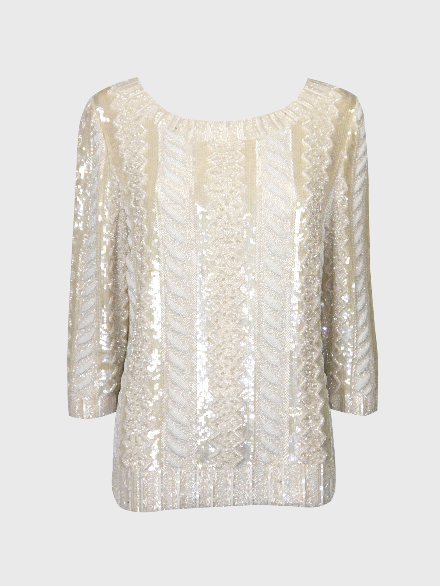 LOUIS FÉRAUD 1980s Vintage Fully Beaded Cable Knit Trompe l'Oeil Evening Top Size XS-M