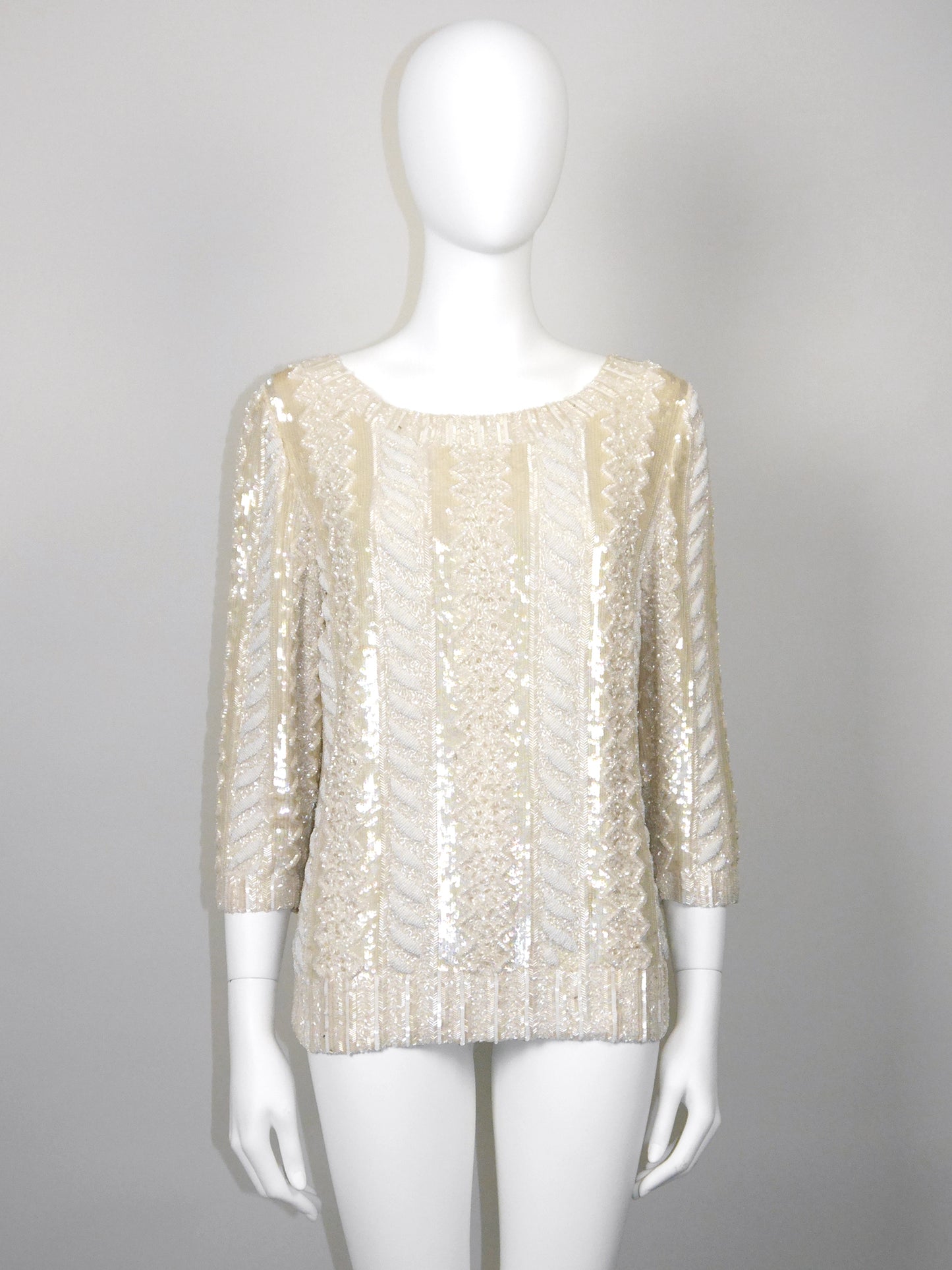 LOUIS FÉRAUD 1980s Vintage Fully Beaded Cable Knit Trompe l'Oeil Evening Top Size XS-M
