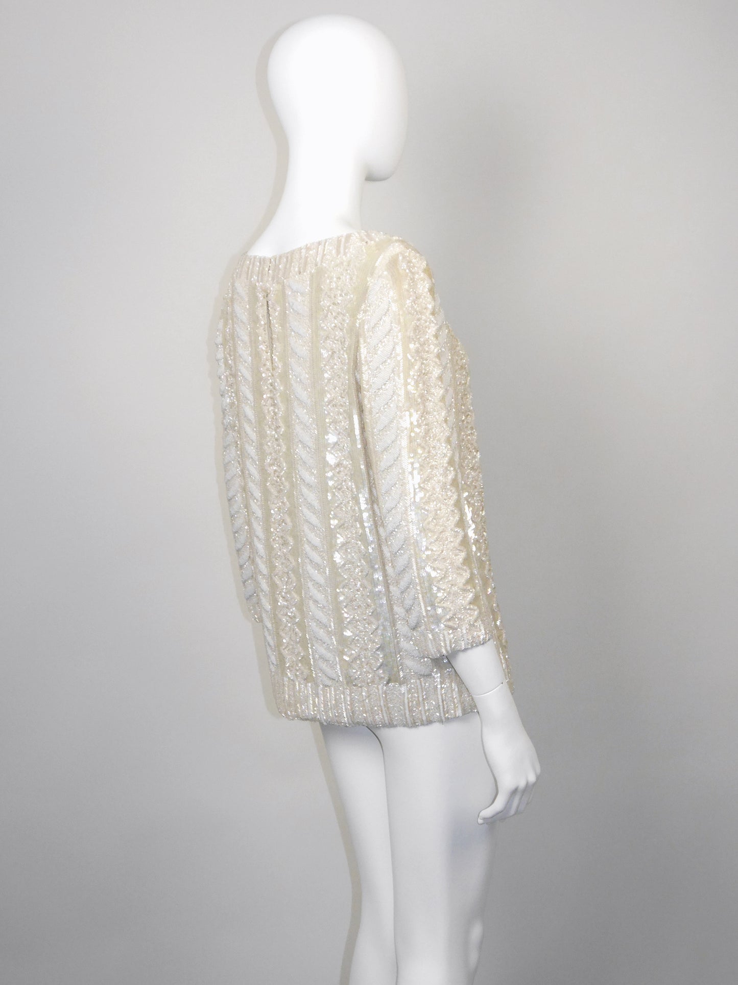 LOUIS FÉRAUD 1980s Vintage Fully Beaded Cable Knit Trompe l'Oeil Evening Top Size XS-M