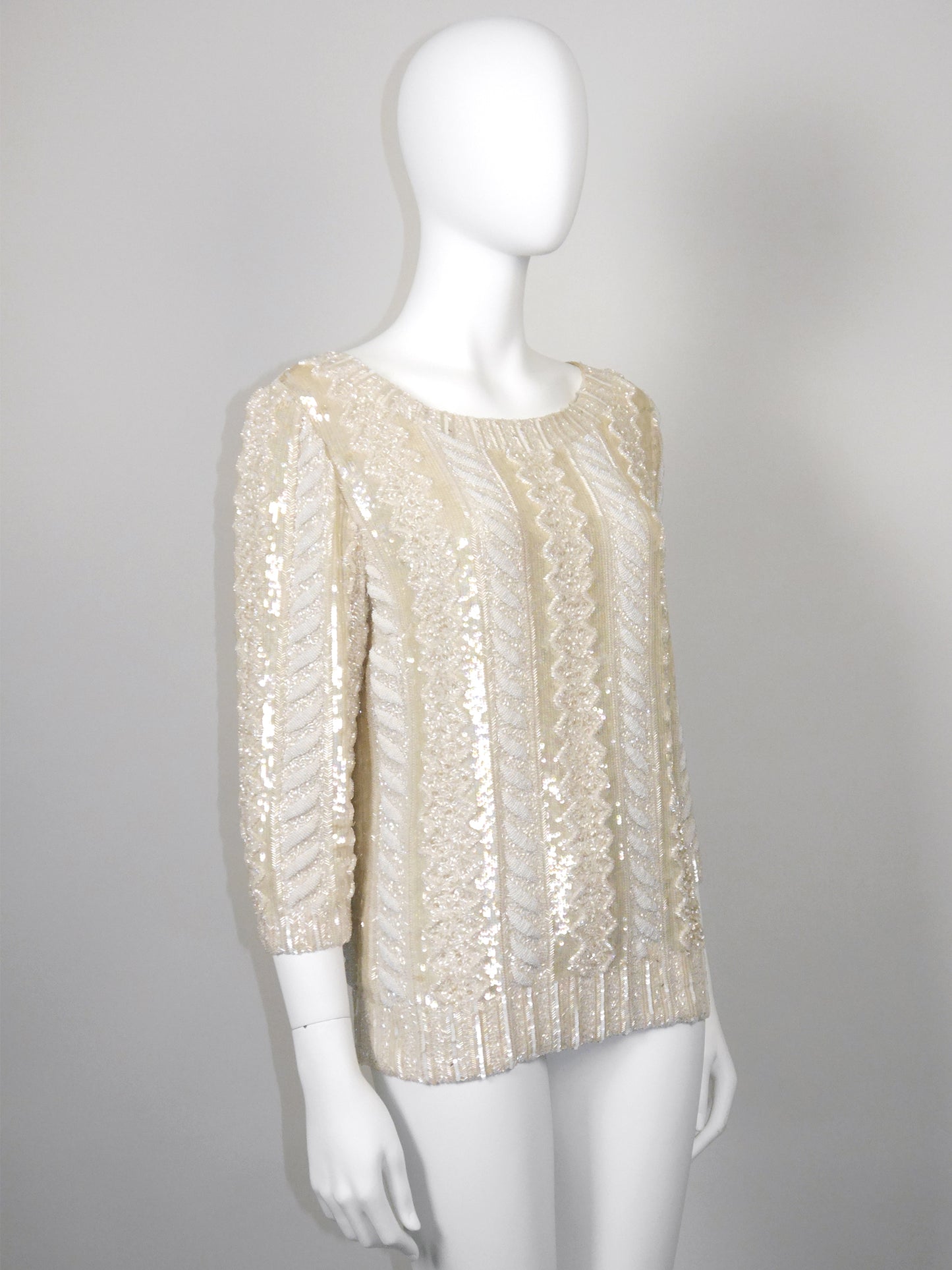 LOUIS FÉRAUD 1980s Vintage Fully Beaded Cable Knit Trompe l'Oeil Evening Top Size XS-M