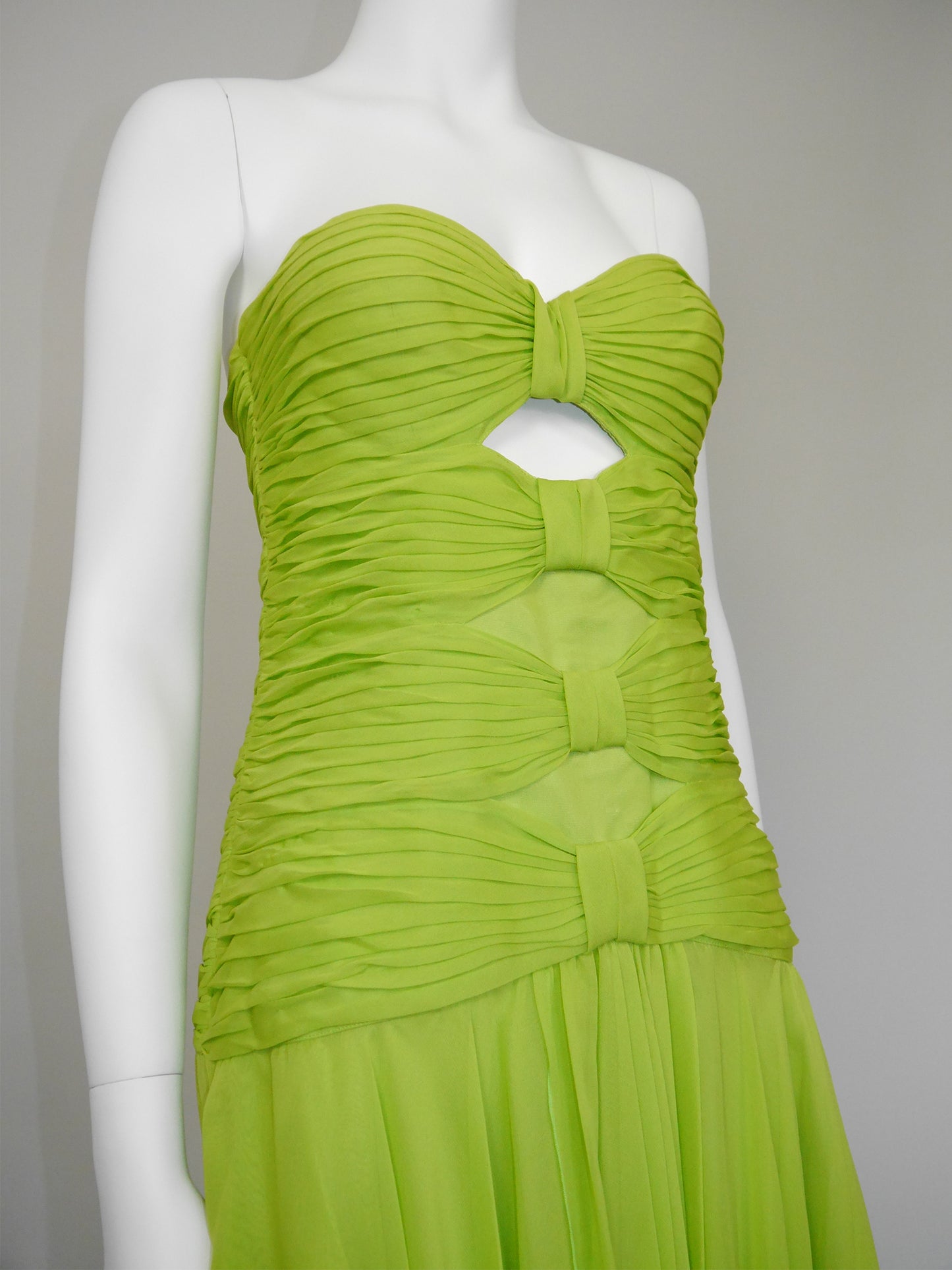 LOUIS FÉRAUD 1980s Vintage Lime Green Silk Bustier Evening Dress Size M