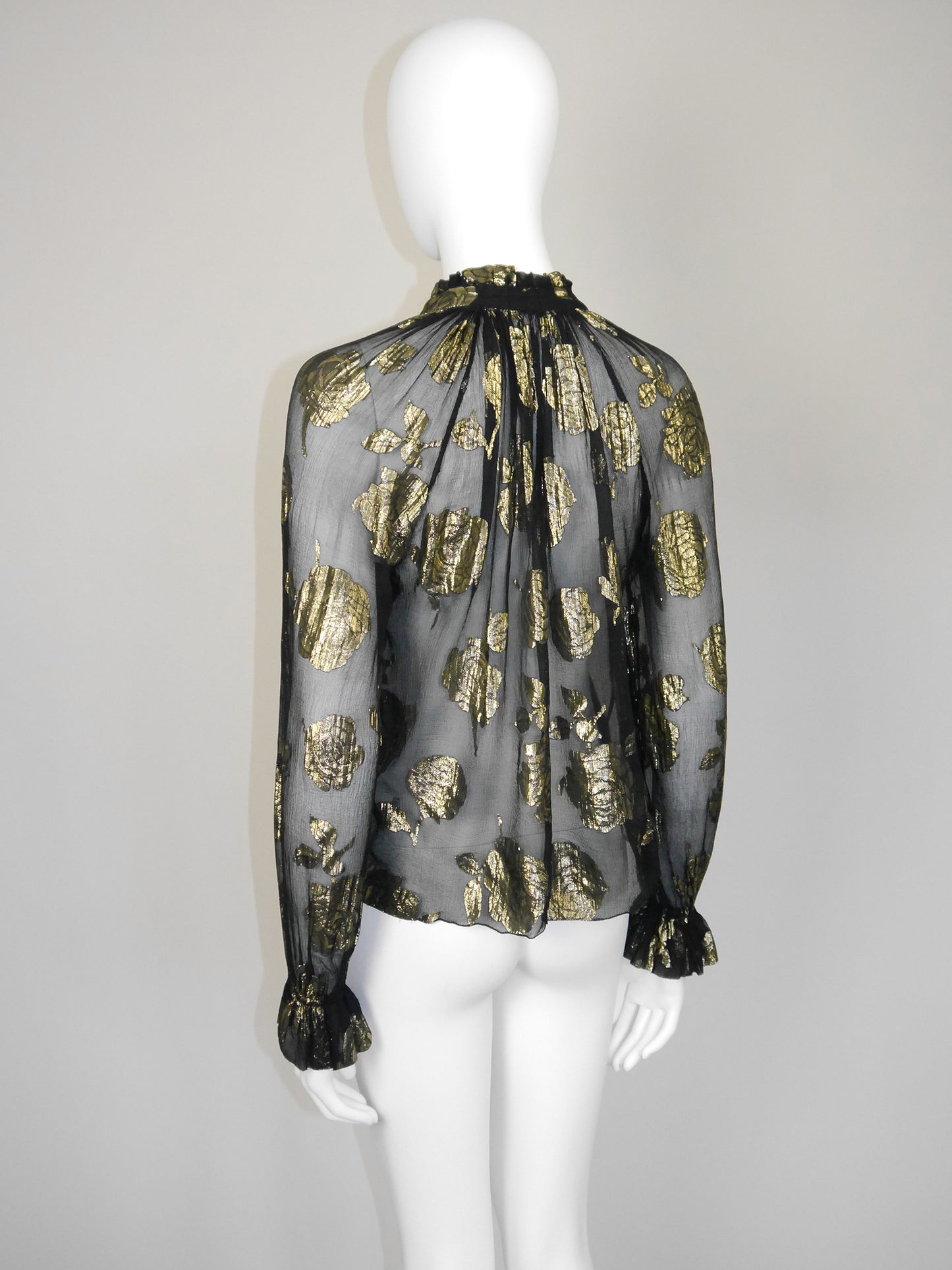 MICHEL GOMA 1970s 1980s Vintage Black & Gold Silk Lamé Evening Blouse Size S