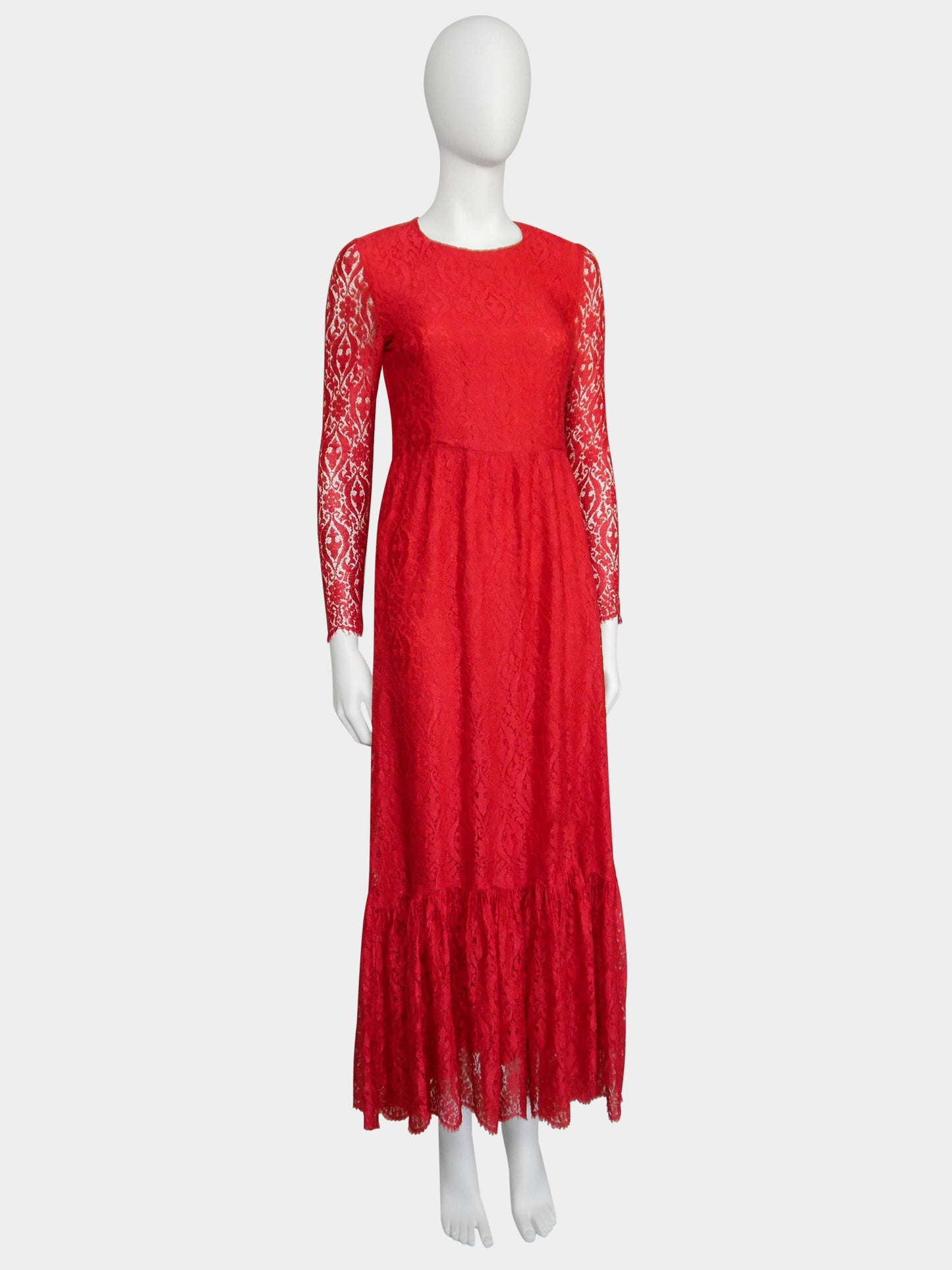 MISS DIOR by Christian Dior c. 1970 Vintage Red Lace Maxi Evening Gown Size S