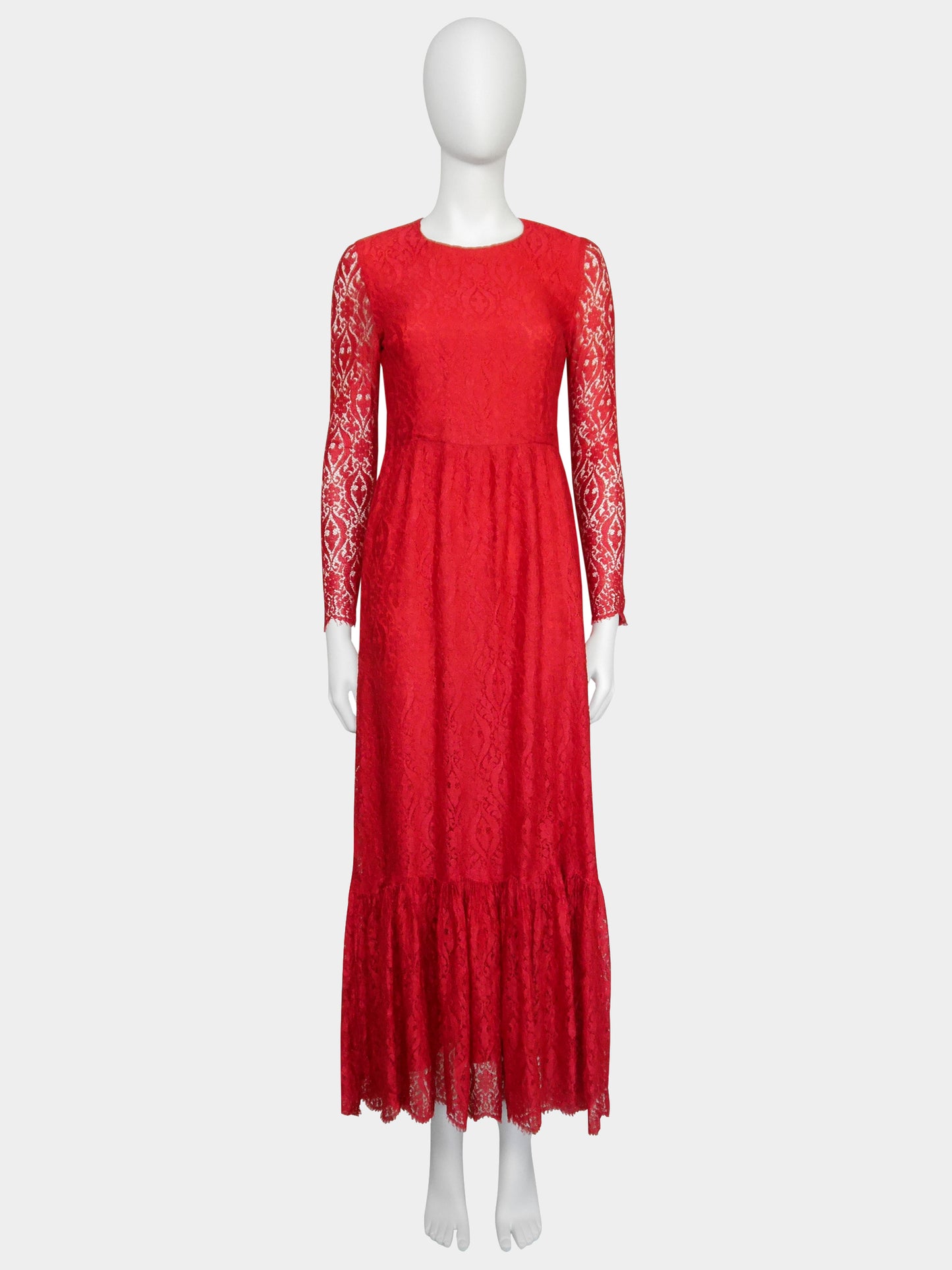 MISS DIOR by Christian Dior c. 1970 Vintage Red Lace Maxi Evening Gown Size S