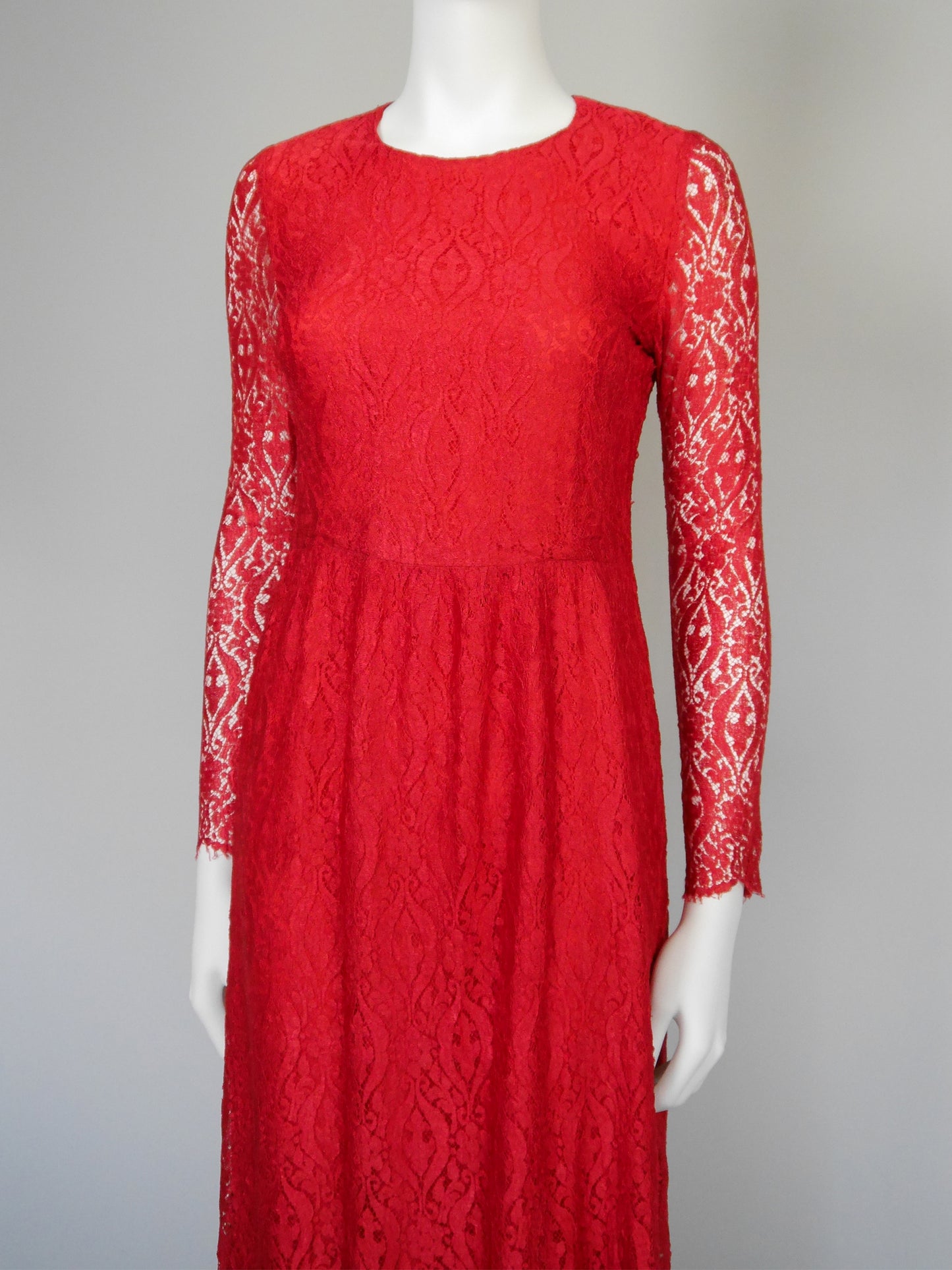 MISS DIOR by Christian Dior c. 1970 Vintage Red Lace Maxi Evening Gown Size S